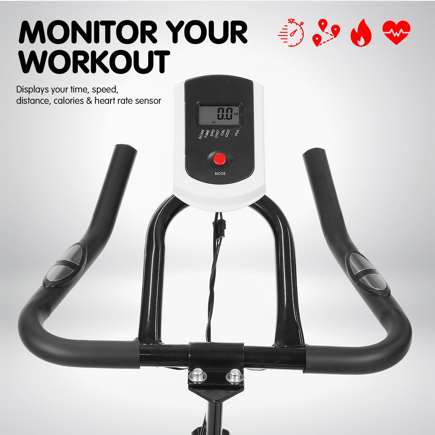 Black Powertrain Home Gym Flywheel Spin Bike with digital monitor and adjustable seat for cardio workouts.