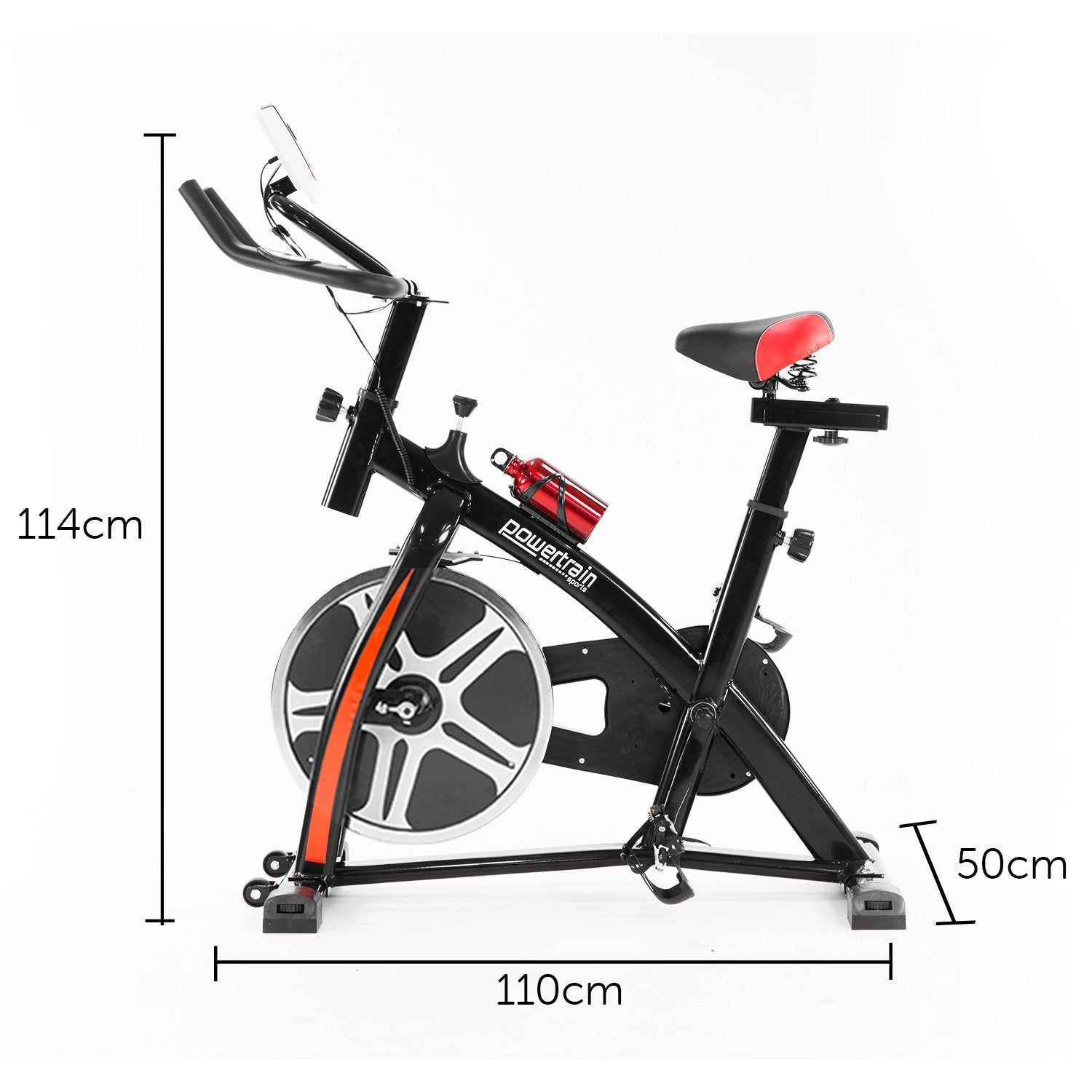 Black Powertrain Home Gym Flywheel Spin Bike by Online Fitness Depot, showing the exercise bike with adjustable seat and handlebar.