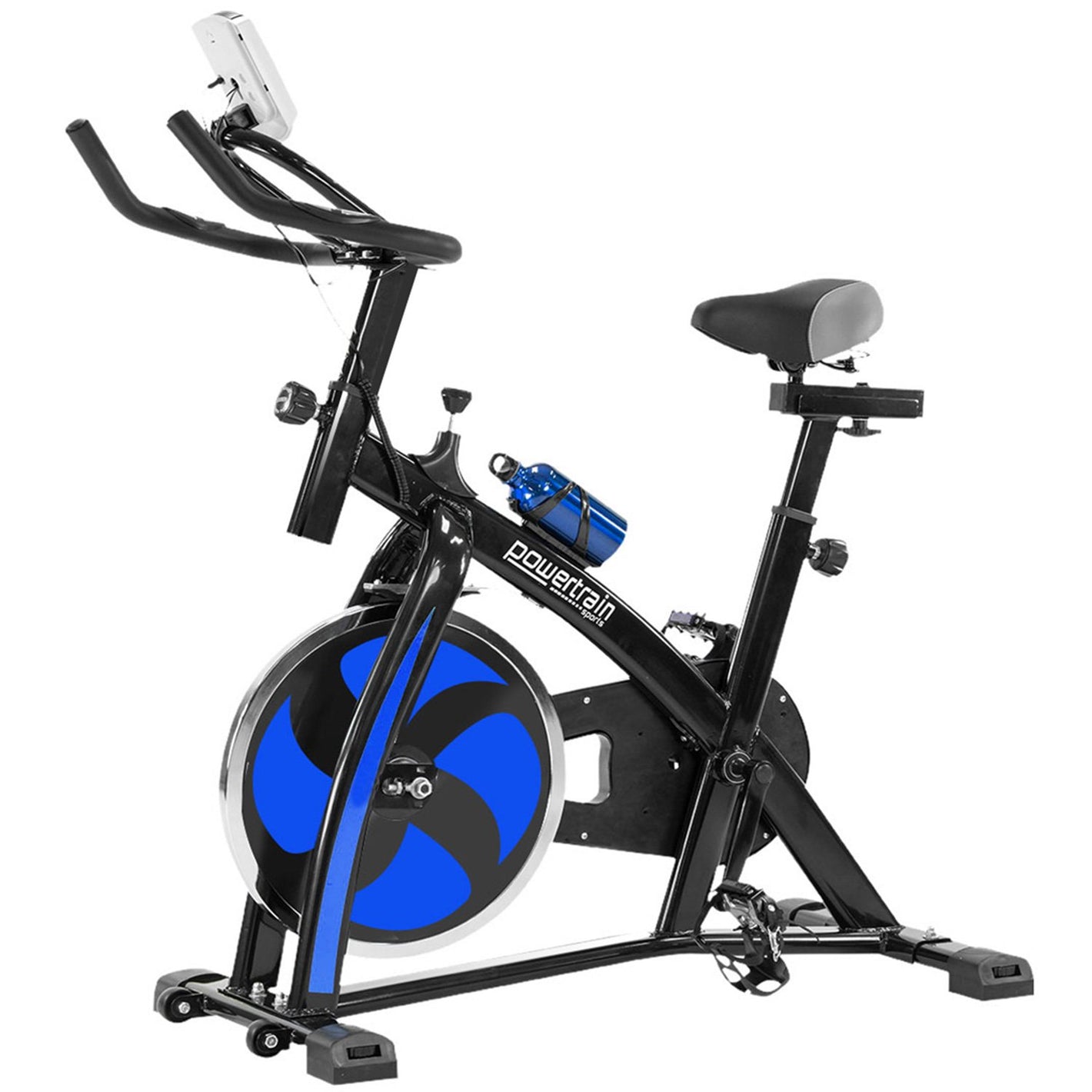 Blue Powertrain Home Gym Flywheel Exercise Spin Bike with adjustable handlebars and sturdy frame for indoor cardio workouts.
