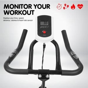 Blue Powertrain Home Gym Flywheel Spin Bike with adjustable seat and handlebars for indoor cycling workouts.