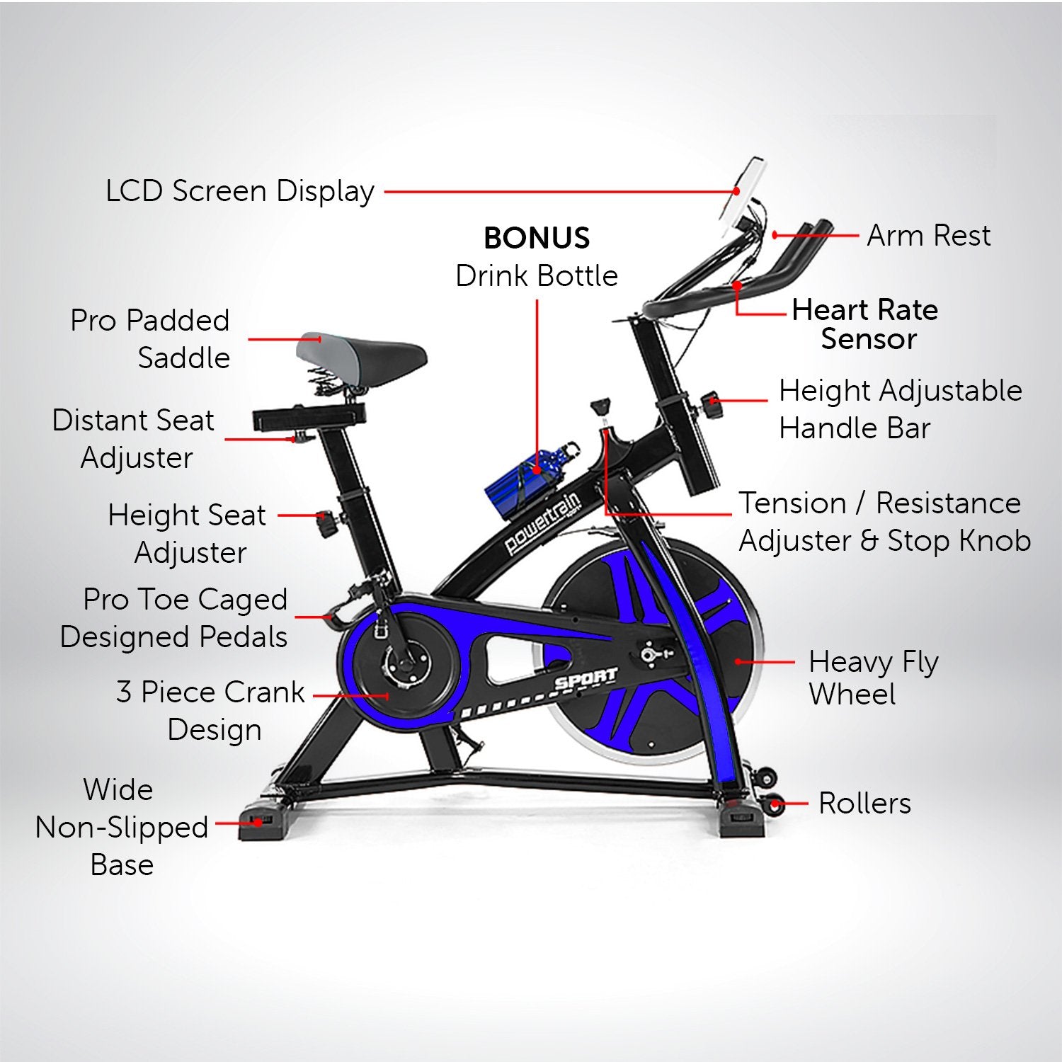 Blue Powertrain Home Gym Flywheel Exercise Spin Bike with adjustable seat and handlebars for indoor cycling workouts.