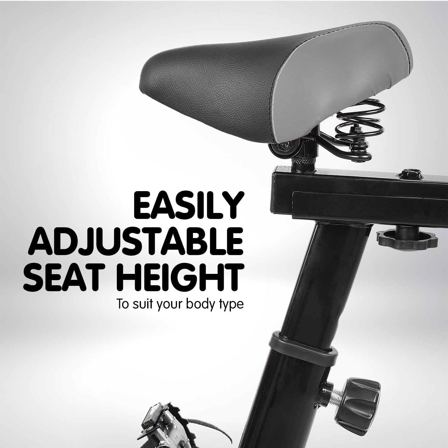 Blue Powertrain home gym flywheel exercise spin bike with adjustable seat and handlebars for indoor cycling workouts.