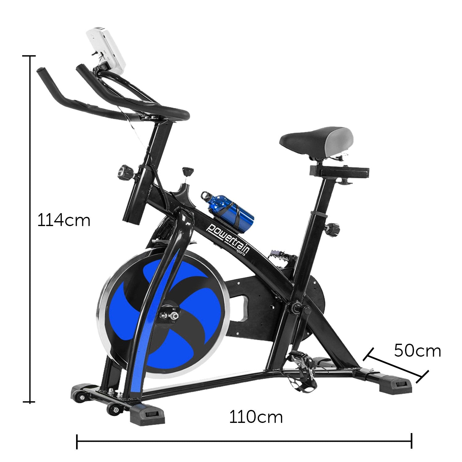 Blue Powertrain Home Gym Flywheel Spin Bike from Online Fitness Depot, showing the exercise bike with adjustable seat and digital display