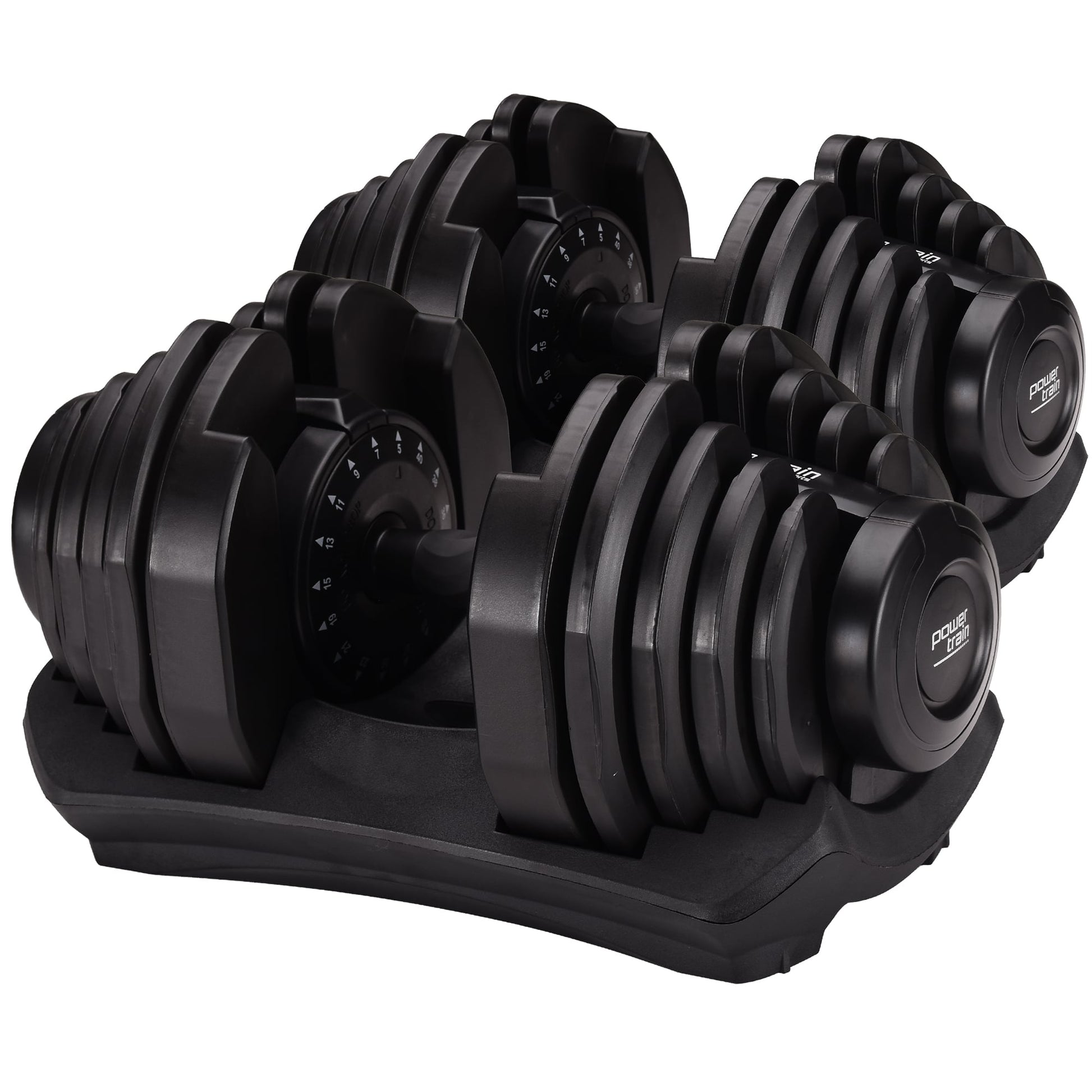 Online Fitness Depot Powertrain 2x40kg adjustable dumbbells for home gym, versatile free weights for strength training.