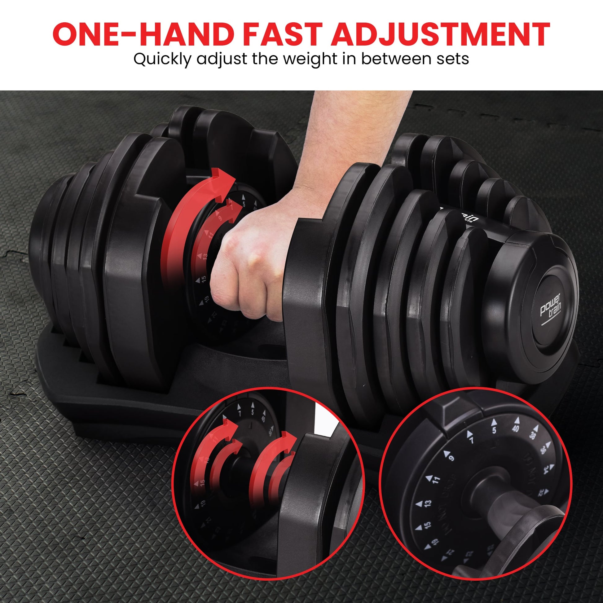 Online Fitness Depot Powertrain adjustable dumbbells set with 2 x 40kg weights for home gym strength training.