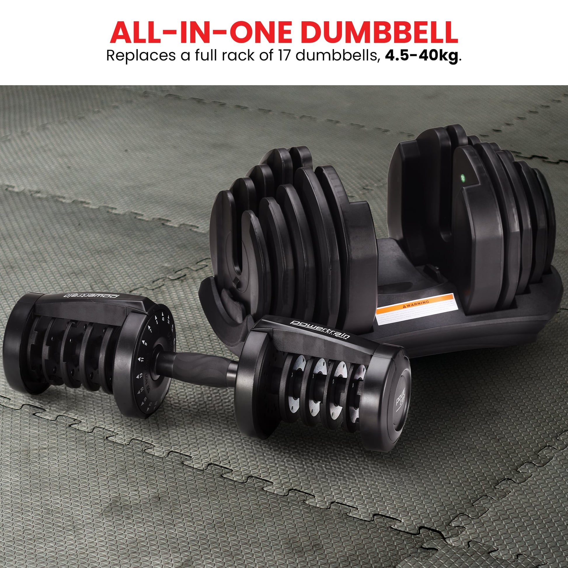 Powertrain 2 x 40kg adjustable dumbbells from Online Fitness Depot, ideal for home gym strength training and free weights.