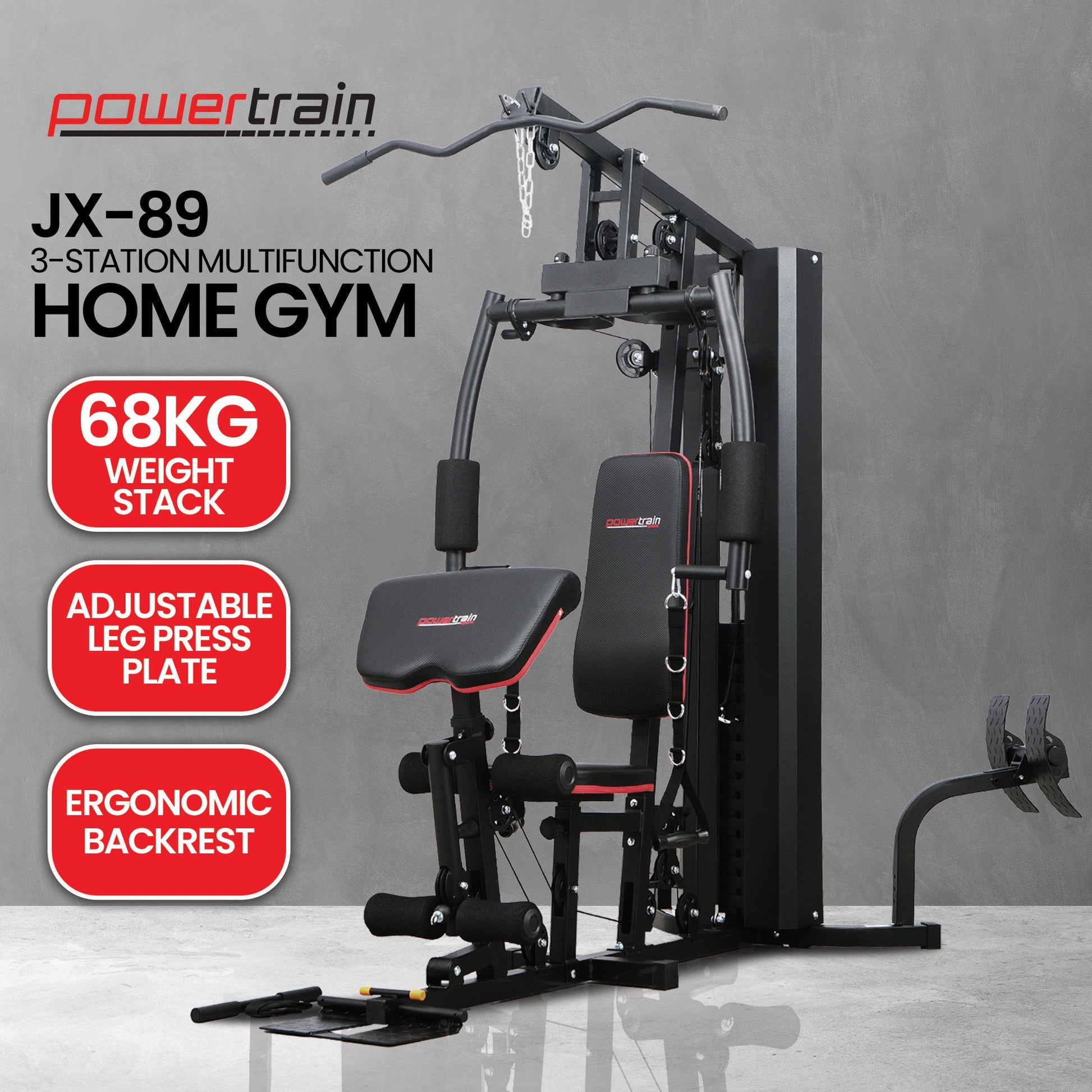 Powertrain Jx-89 multi-station home gym with 68kg weight cable system and various exercise stations for full-body workouts.