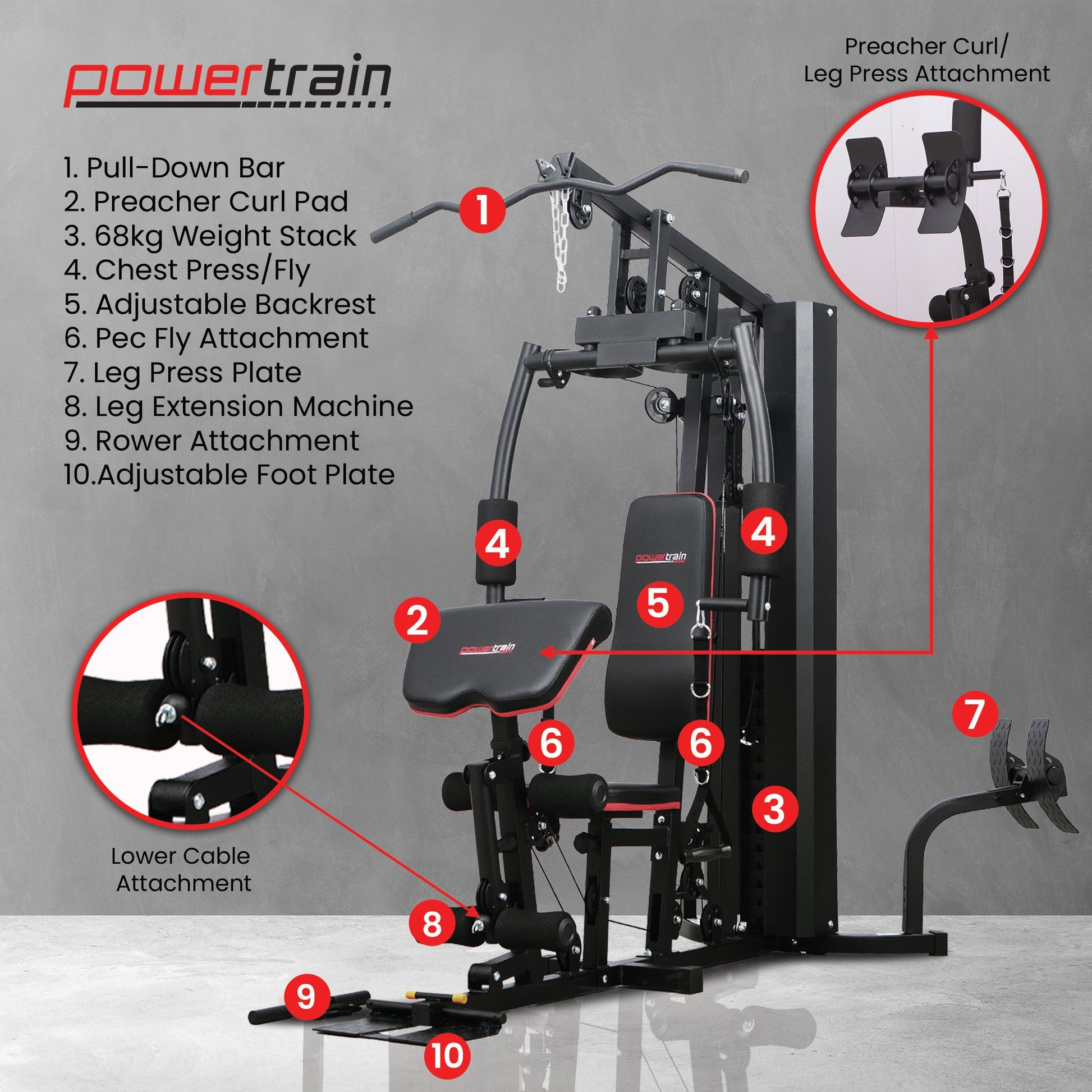 Powertrain JX-89 multi-station home gym with 68kg weight cable machine and exercise stations for full-body workout.