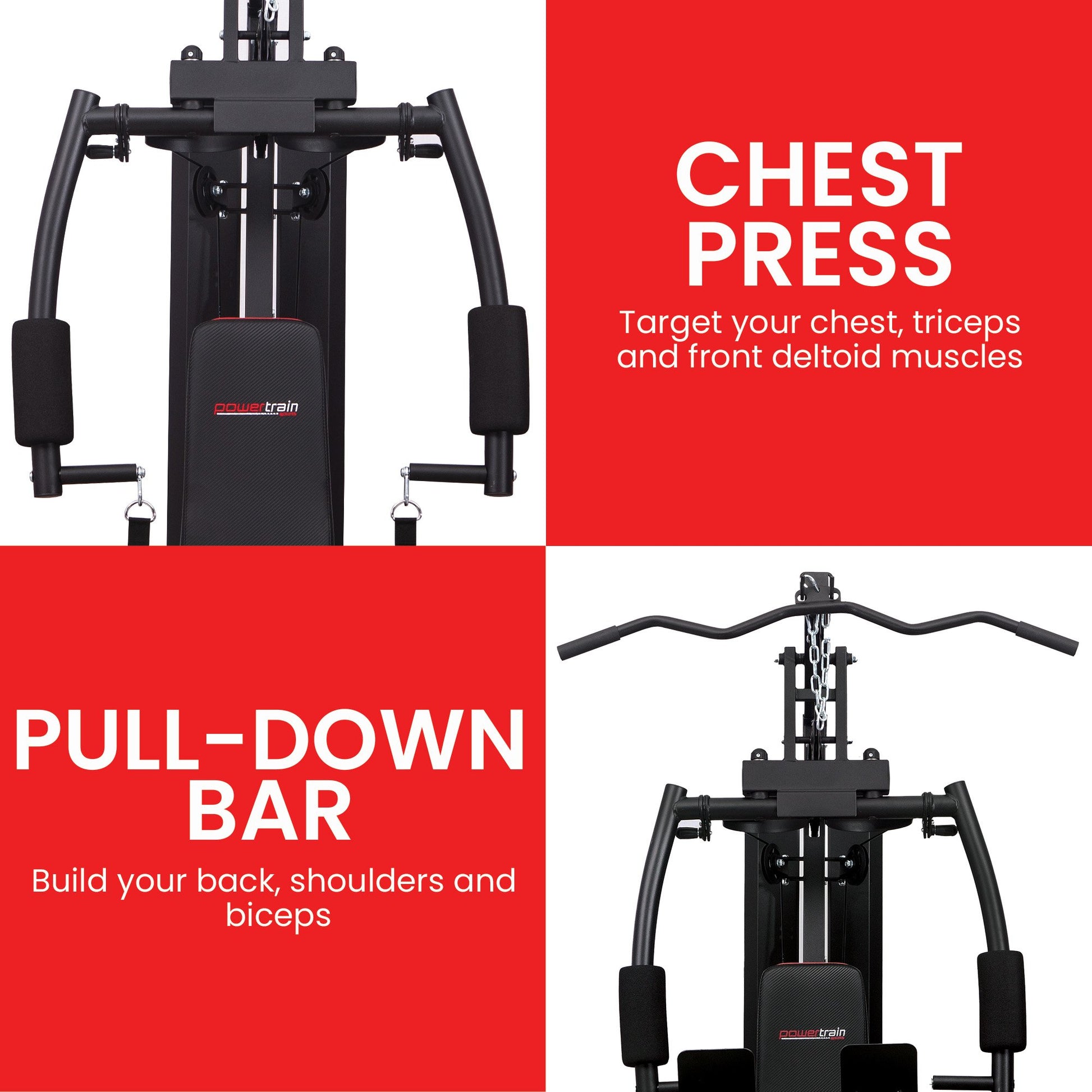 Powertrain Jx-89 multi-station home gym with 68kg weight stack, featuring cable machine and exercise stations for full-body workouts