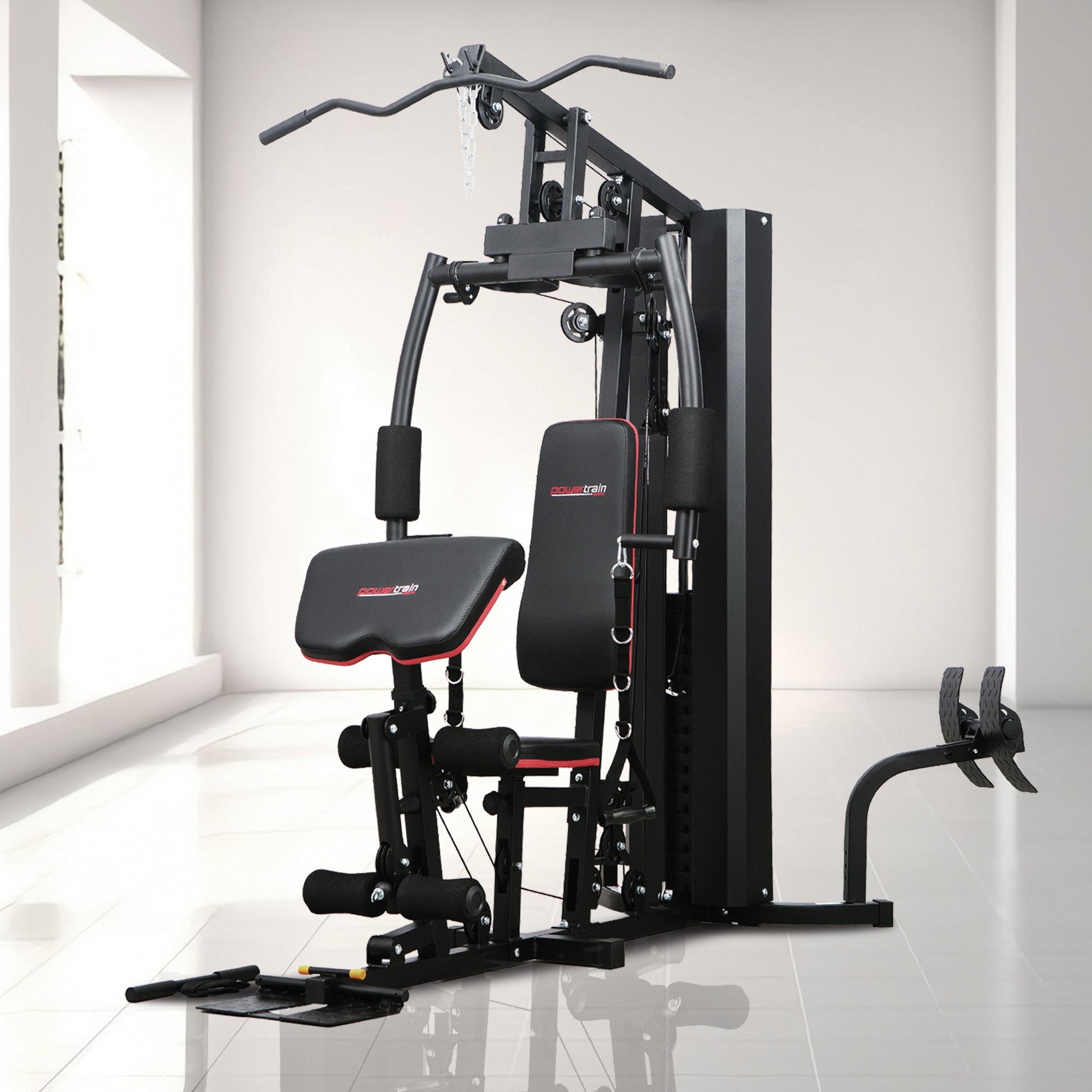 Powertrain JX-89 multi-station home gym with 68kg weight cable system, featuring various exercise stations and fitness equipment.