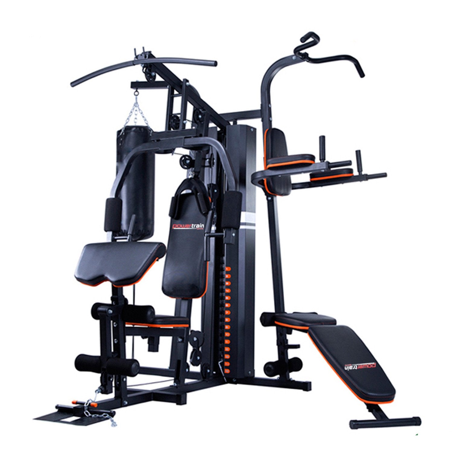 Powertrain Multi Station Home Gym with 150lbs weights and punching bag for full-body fitness and boxing training.