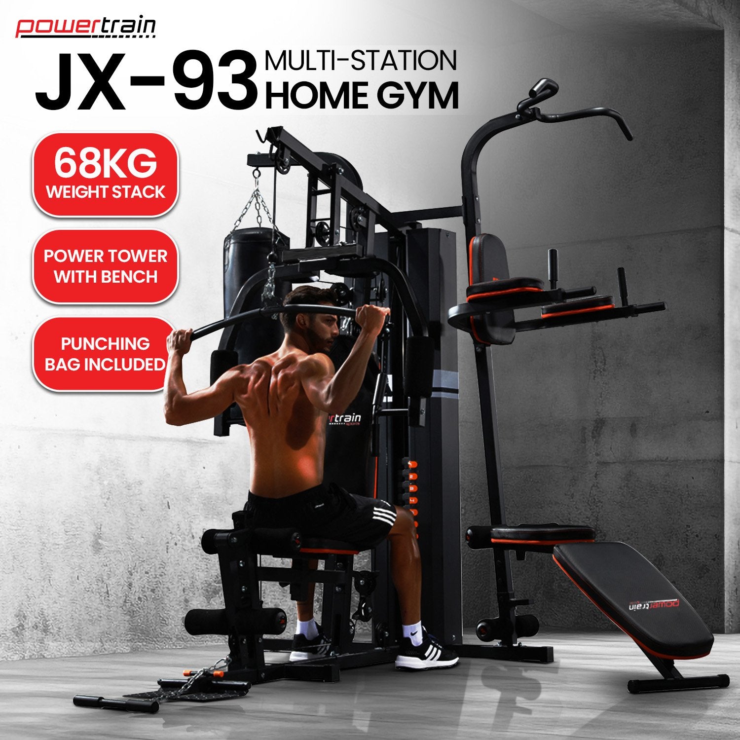 Powertrain multi-station home gym with 150lbs weights and punching bag for boxing and fitness workouts.