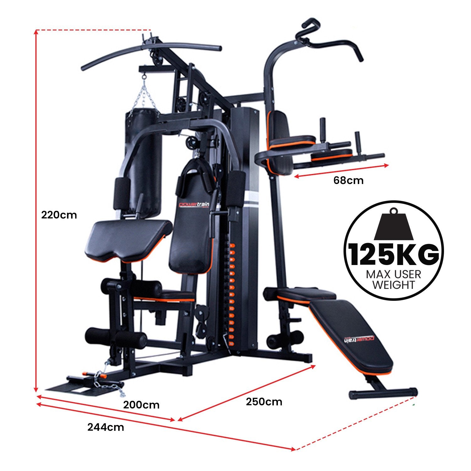 Powertrain Multi Station Home Gym with 150lbs weights and punching bag for boxing and fitness exercises, online fitness depot brand.