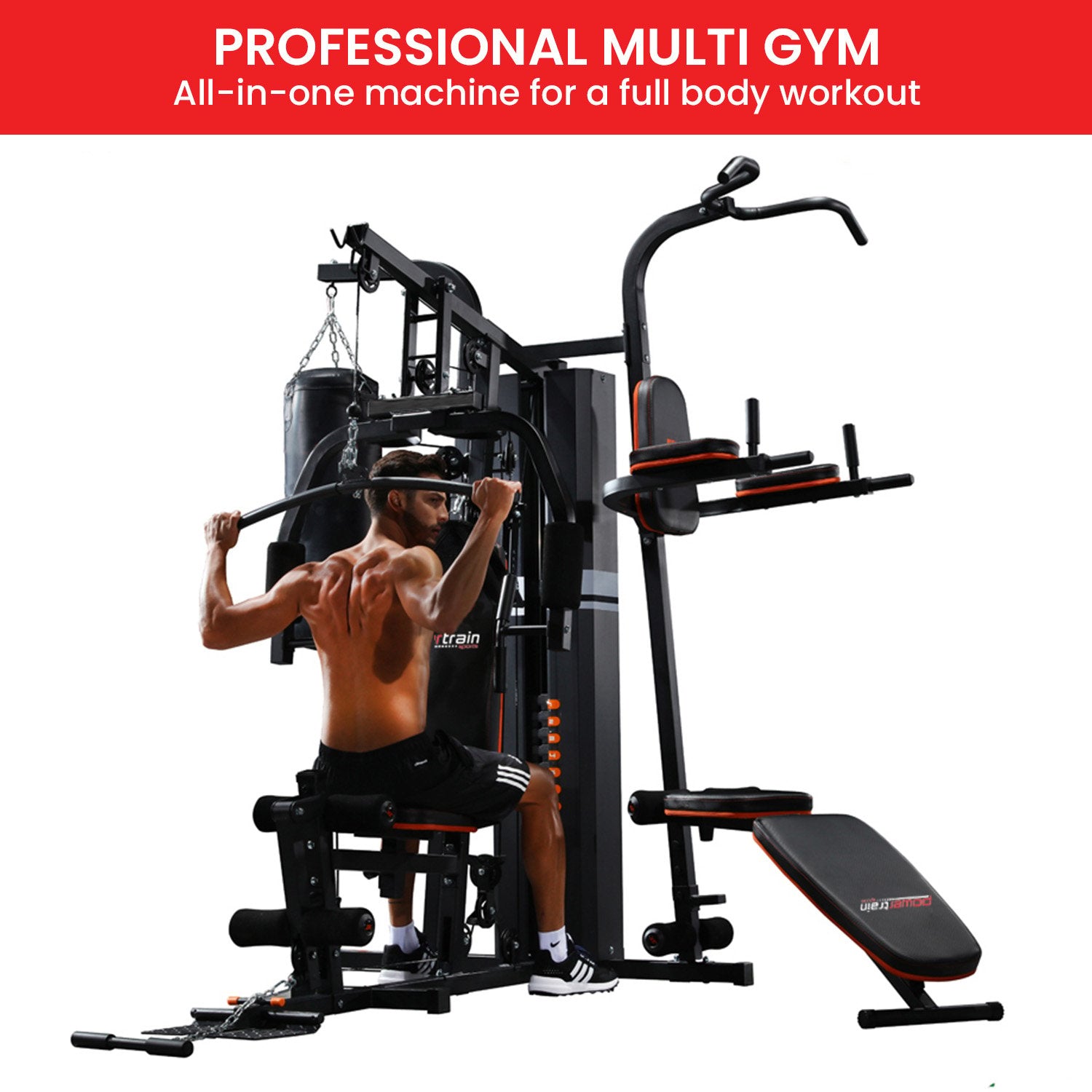 Powertrain multi-station home gym with 150lbs weights and punching bag for boxing and martial arts workouts.