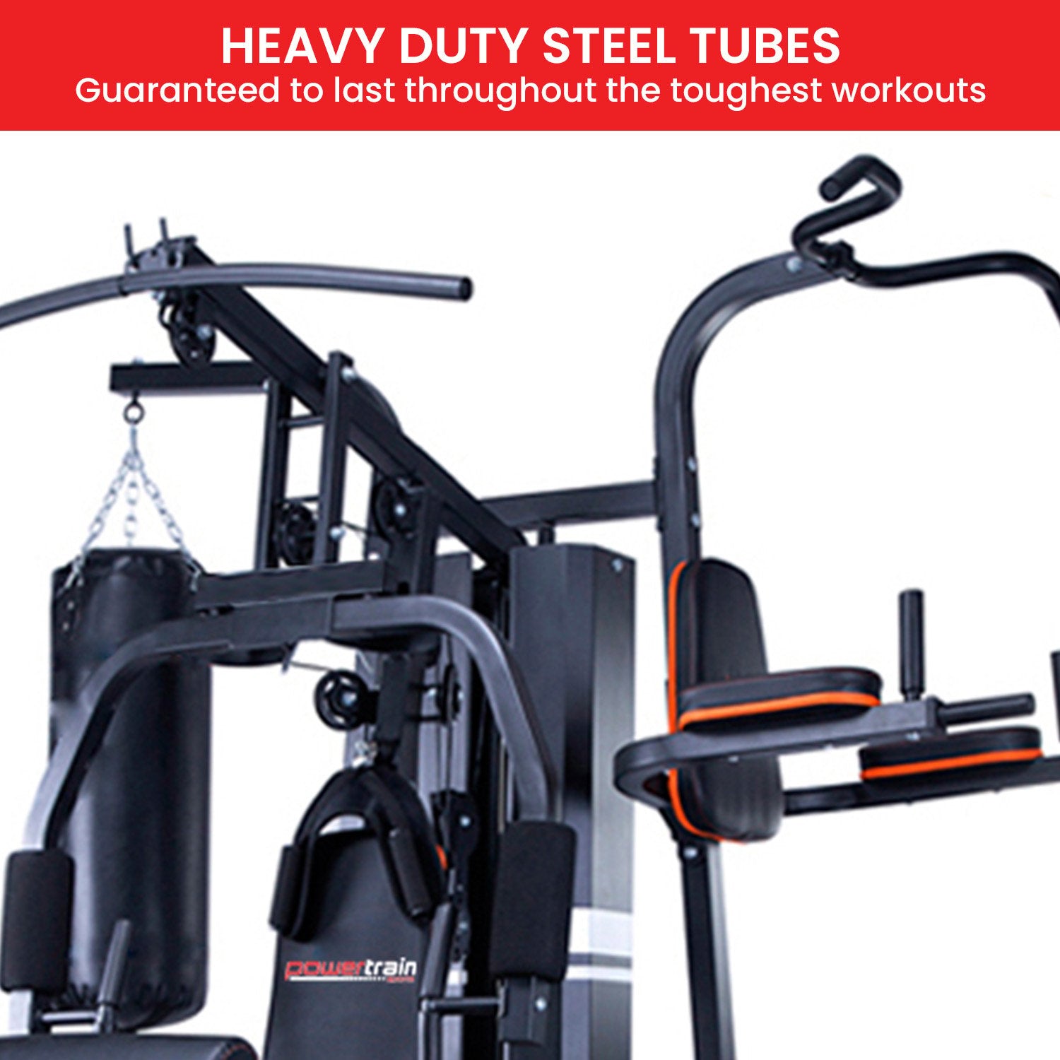 Powertrain Multi Station Home Gym with 150lbs weights and punching bag for boxing and fitness exercises.