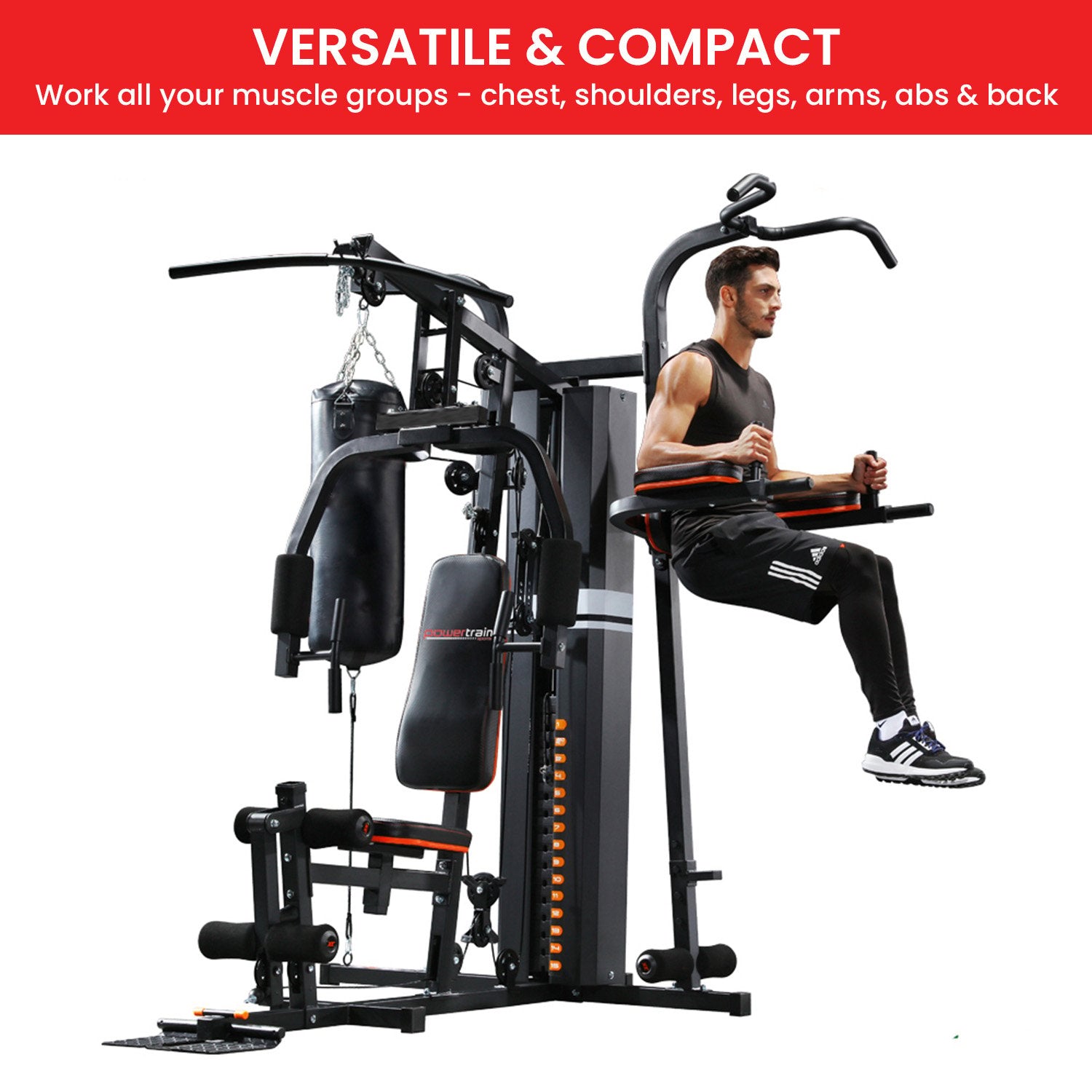 Powertrain Multi Station Home Gym with 150lbs weights and punching bag for boxing and fitness exercises.