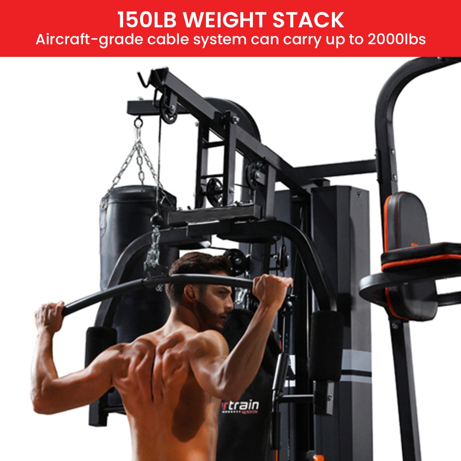Powertrain Multi Station Home Gym with 150lbs weights and punching bag for boxing and martial arts training at Online Fitness Depot
