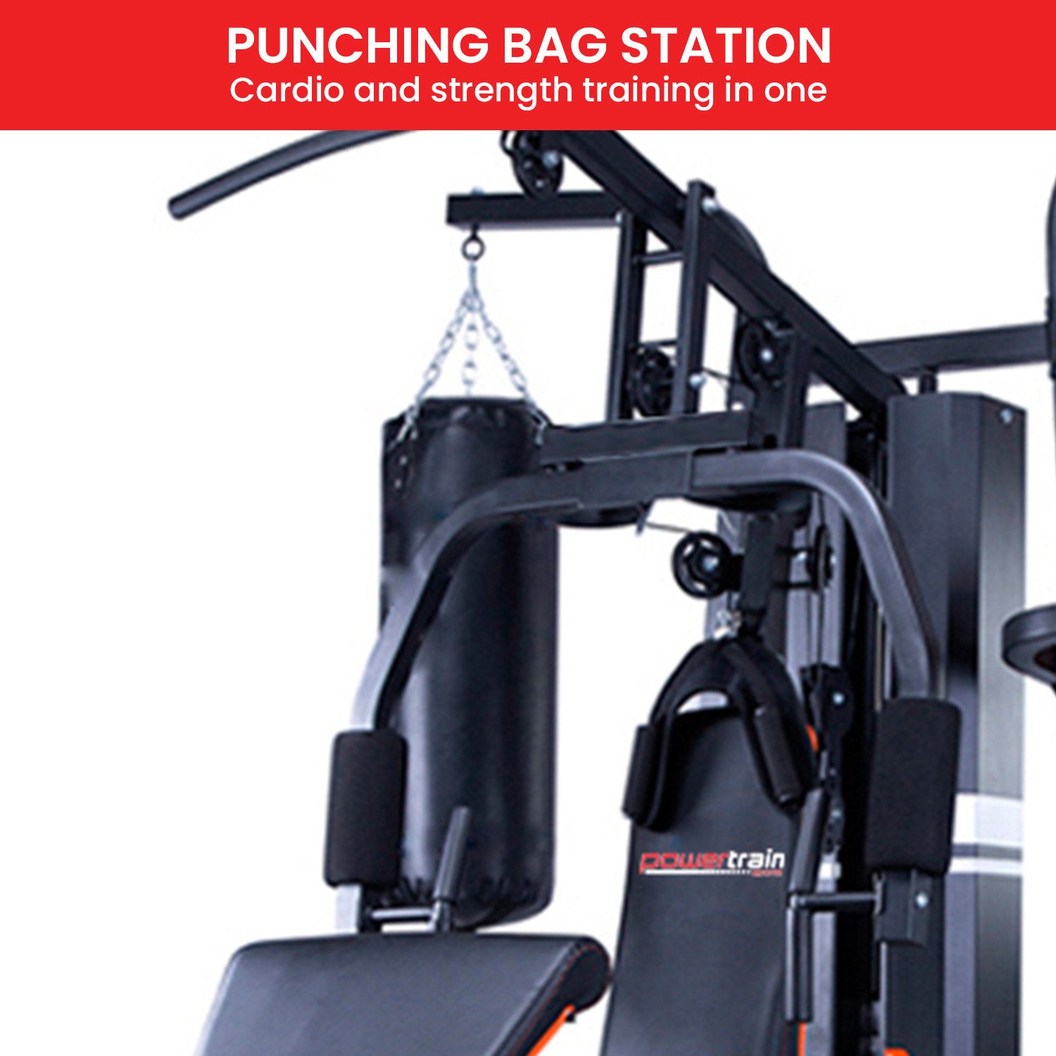 Powertrain Multi Station Home Gym with 150lb weights and punching bag for boxing and fitness training at Online Fitness Depot