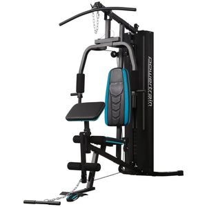 Powertrain JX-300 multi-station home gym with 44kg weight stack, curl pad, leg extension, and pull-down bar for full-body workouts