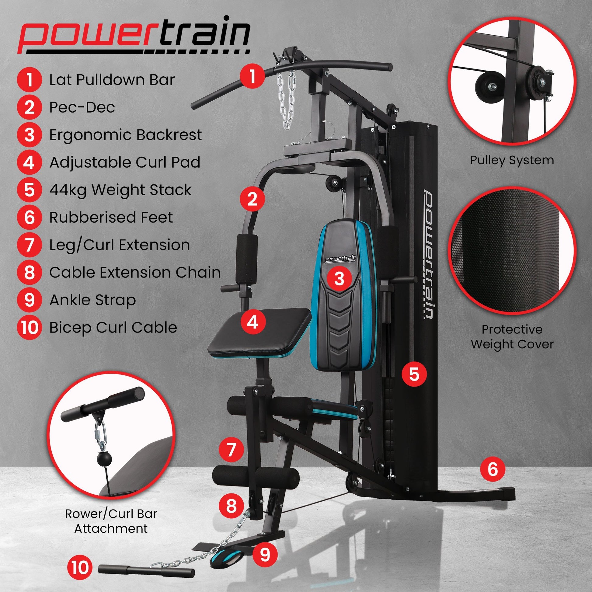 Powertrain JX-300 multi station home gym with 44kg weight stack, curl pad, leg extension, and pull-down bar for full-body workouts.