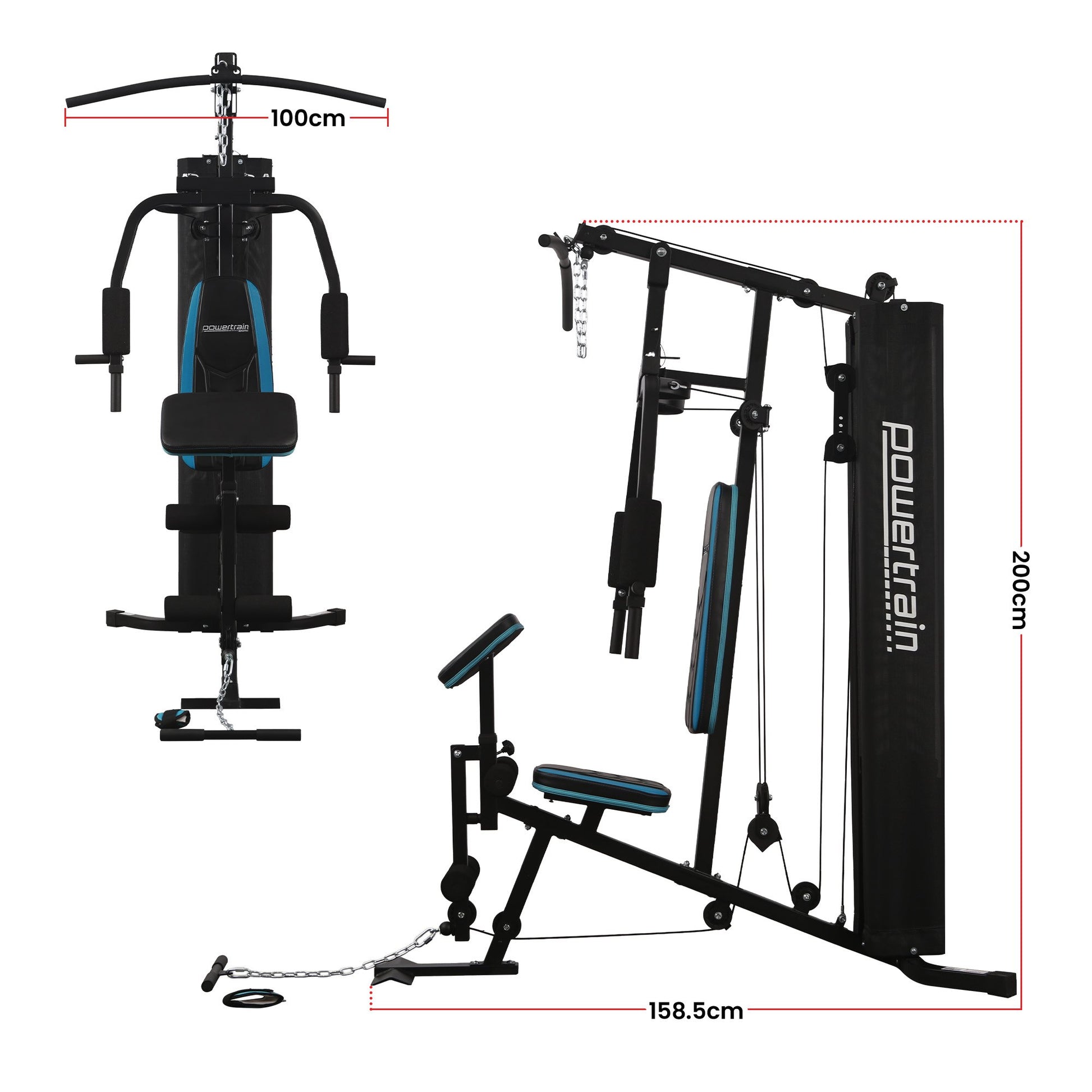 Powertrain JX-300 multi-station home gym with 44kg weight stack, curl pad, leg extension, and pull-down bar for full-body workouts