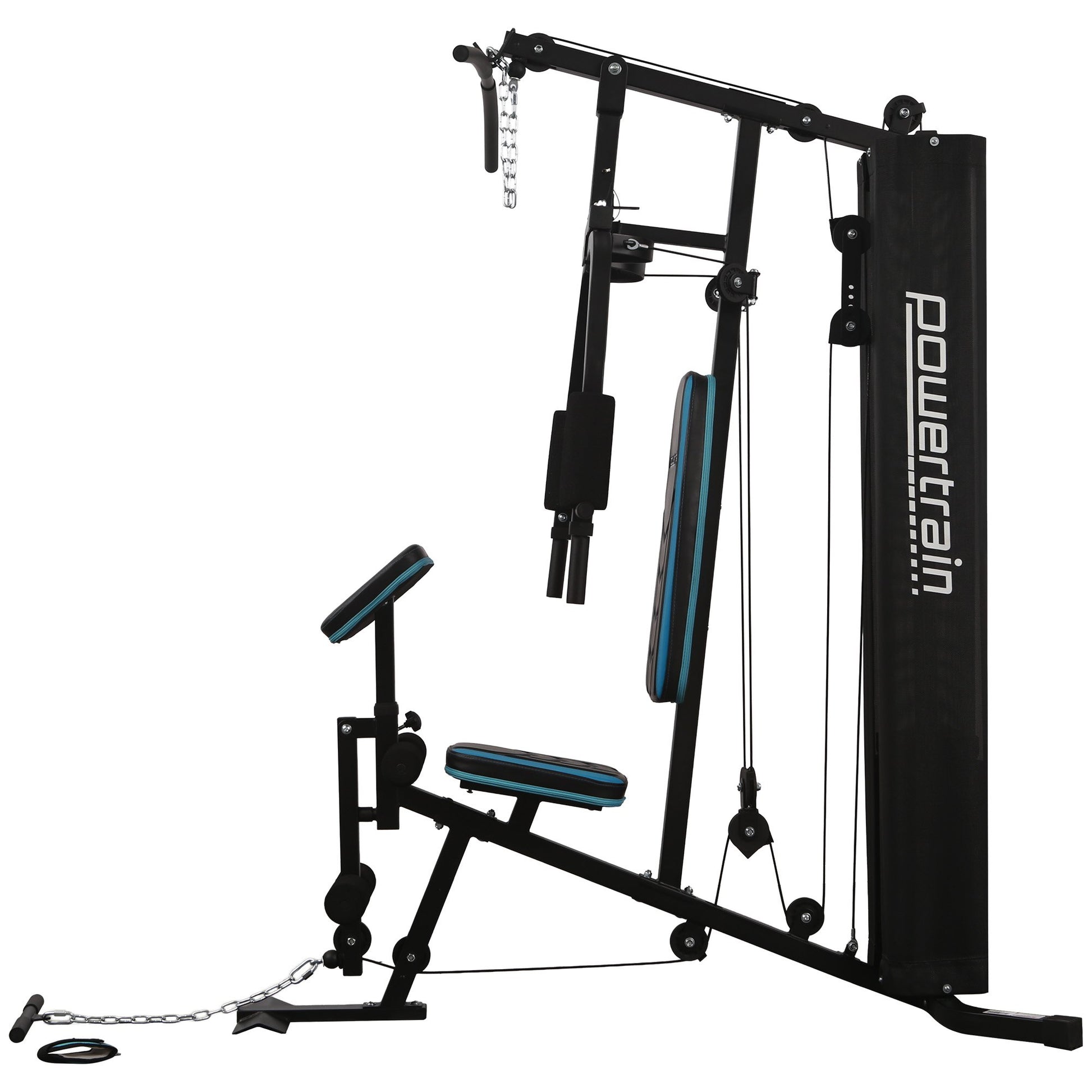 Powertrain JX-300 multi-station home gym with 44kg weight stack, cable machine, curl pad, leg extension, and pull-down bar.