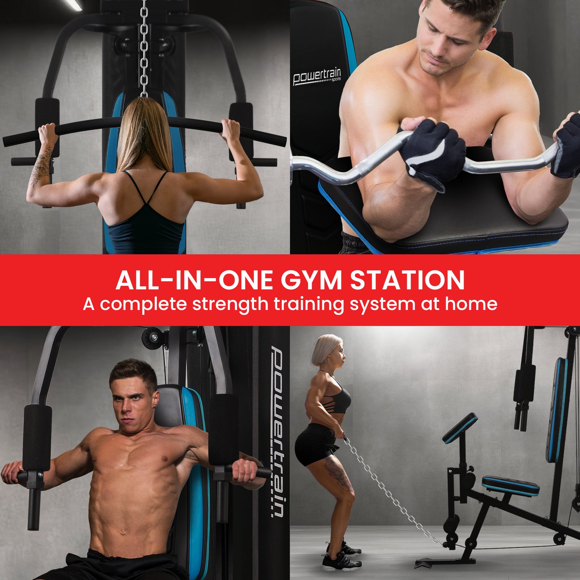 Powertrain JX-300 multi-station home gym with 44kg weight stack, curl pad, leg extension, and pull-down bar for full-body workouts.