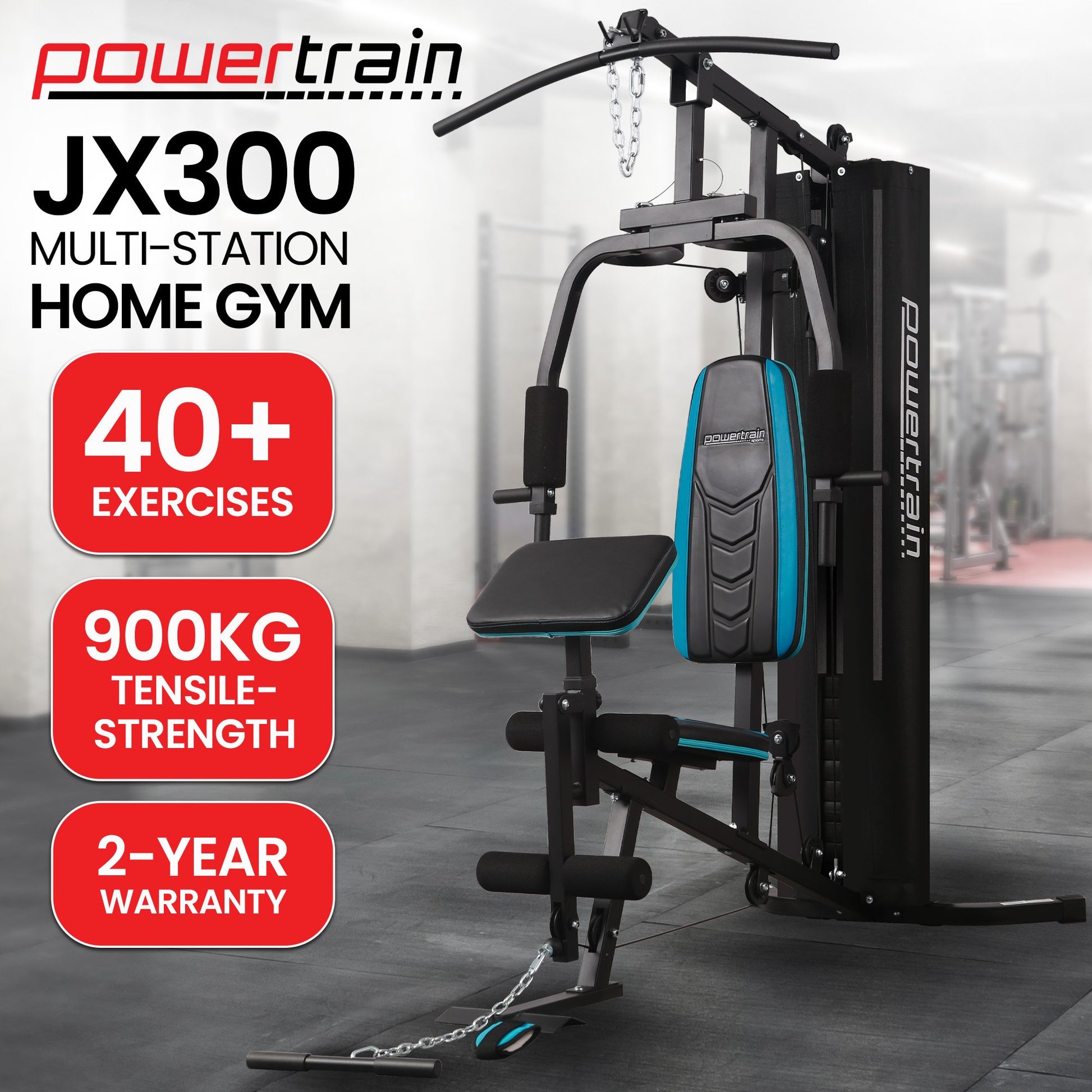 Powertrain JX-300 multi-station home gym with 44kg weight stack, curl pad, leg extension, and pull-down bar for full-body workouts