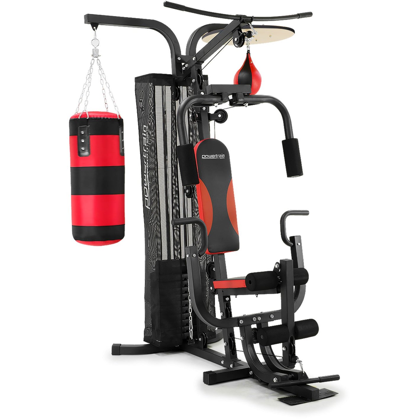 Powertrain home gym multi station with boxing punching bag and speed ball for boxing and fitness training.