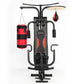 Powertrain home gym multi station with boxing punching bag and speed ball for boxing workouts and strength training.