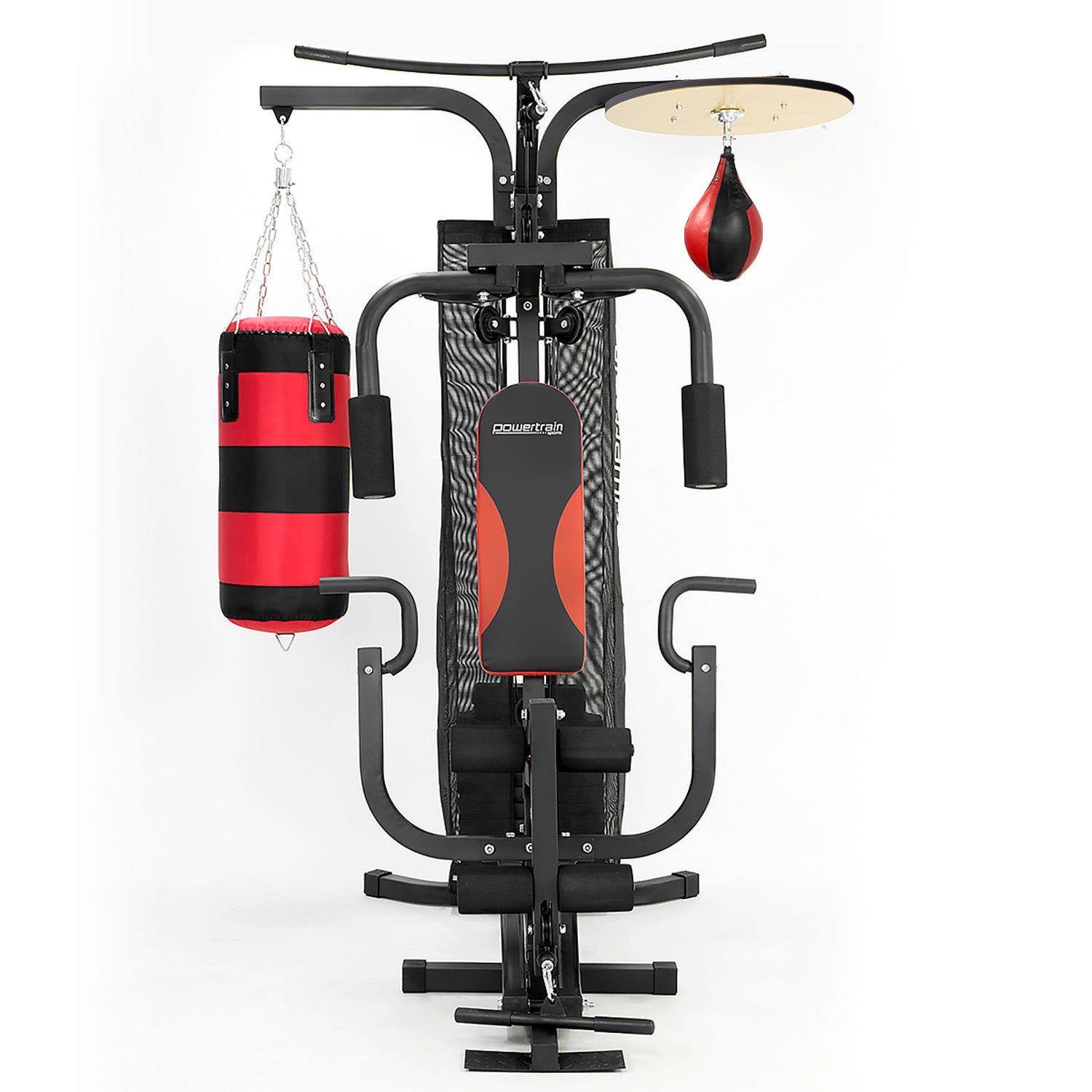 Powertrain home gym multi station with boxing punching bag and speed ball for boxing workouts and strength training.