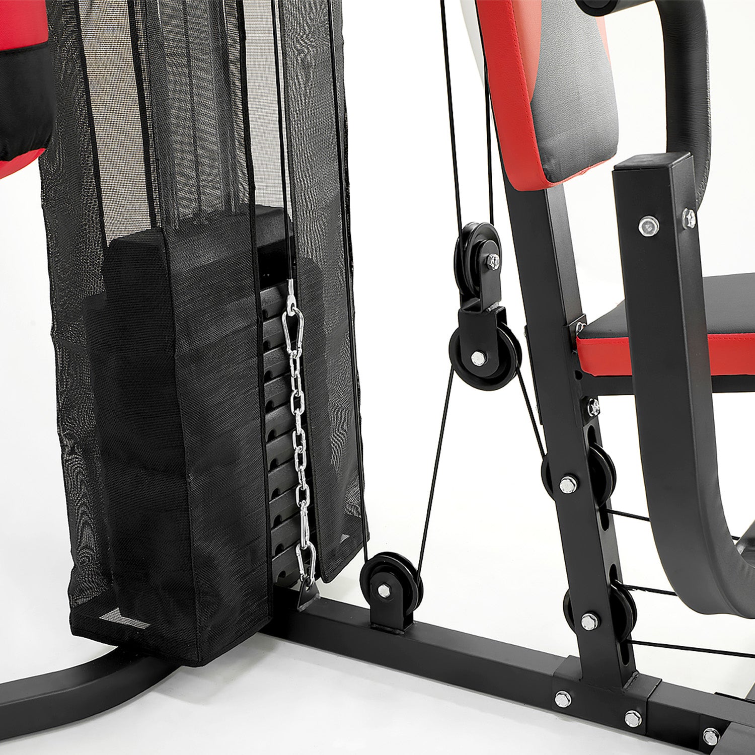Powertrain home gym multi station with boxing punching bag and speed ball for boxing and fitness workouts.