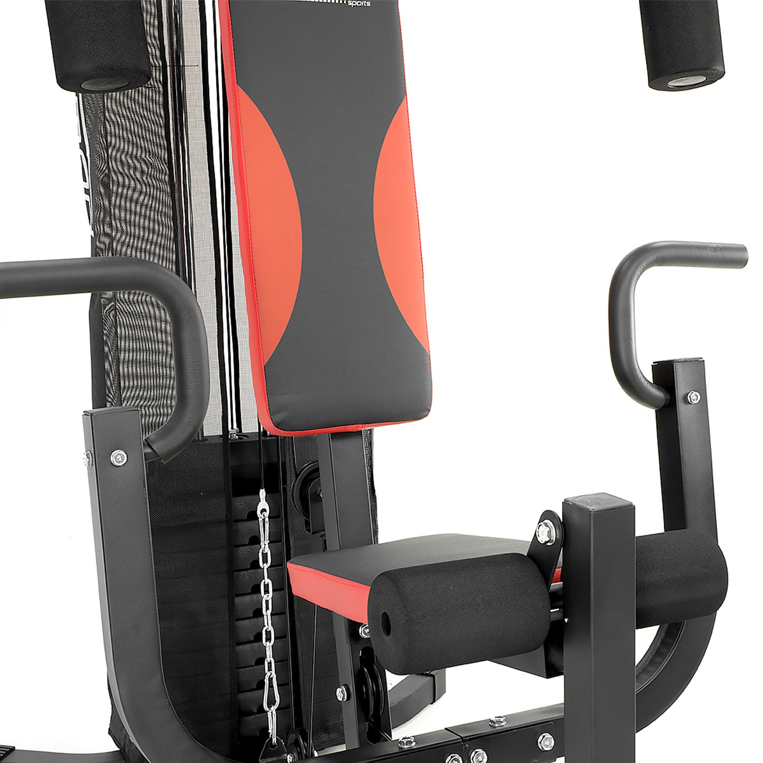 Powertrain home gym multi station with boxing punching bag and speed ball for strength training and martial arts workouts.