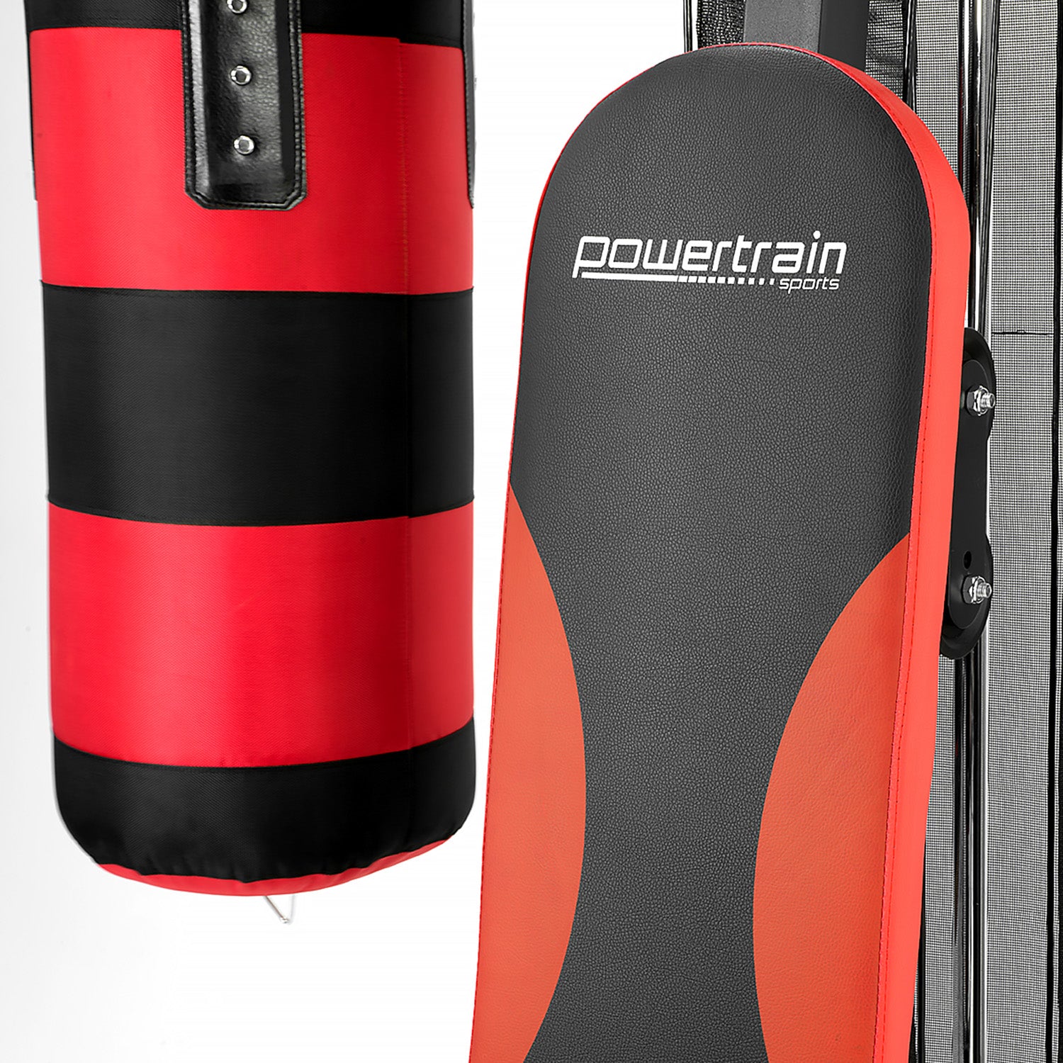 Powertrain home gym multi-station with boxing punching bag and speed ball for versatile boxing and fitness workouts.