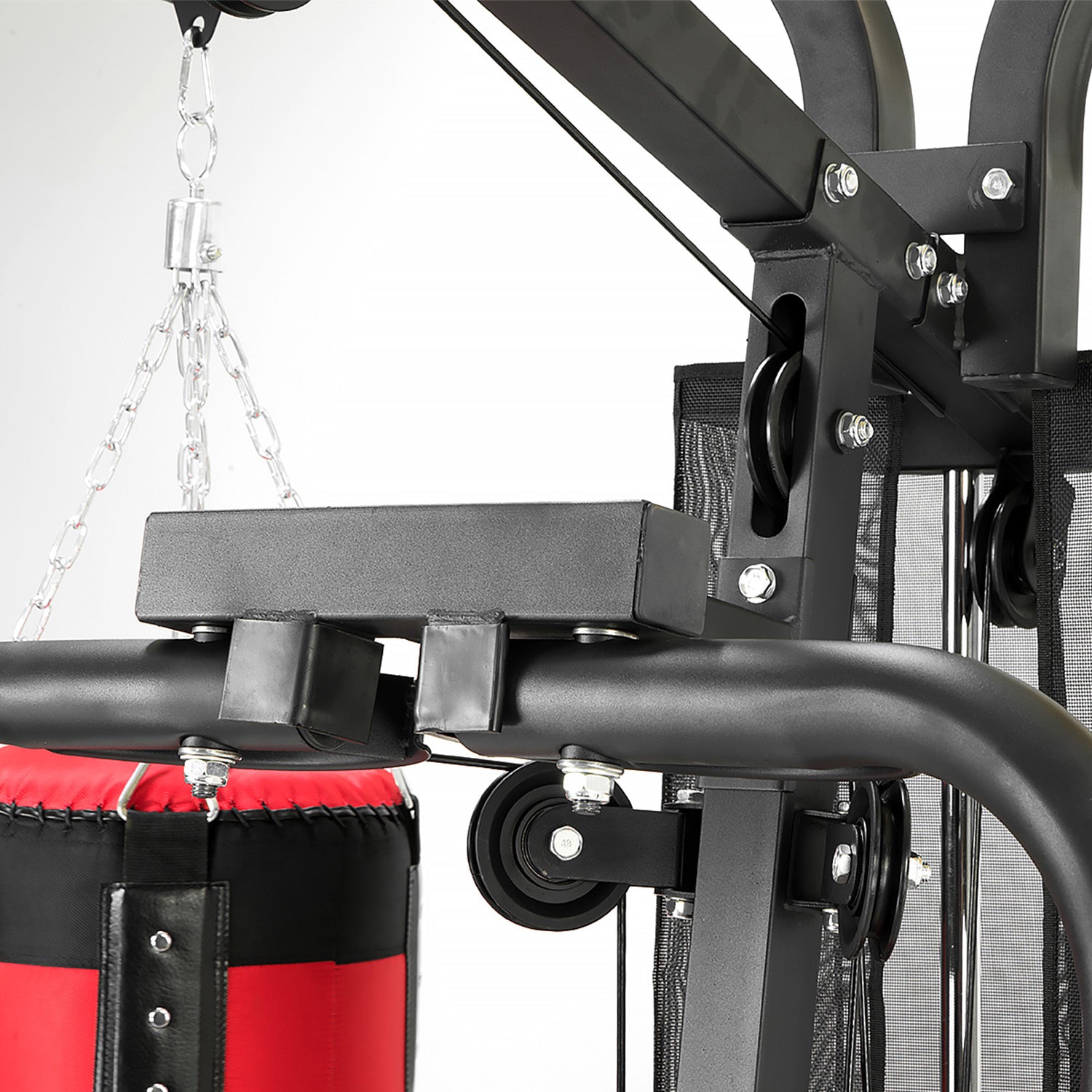 Powertrain home gym multi station with boxing punching bag and speed ball for boxing and fitness training.