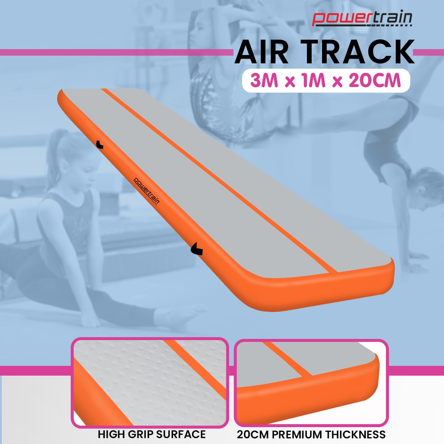 Orange Powertrain Airtrack inflatable gymnastics tumbling mat, 3m x 1m, 20cm thick for gymnastics and fitness training.
