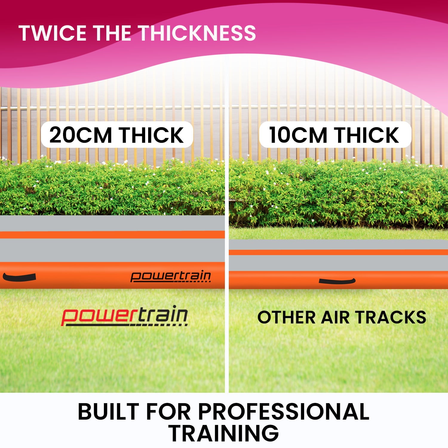 Orange Powertrain Airtrack inflatable gymnastics tumbling mat, 3m x 1m with 20cm thickness, ideal for gymnastics and tumbling exercises.