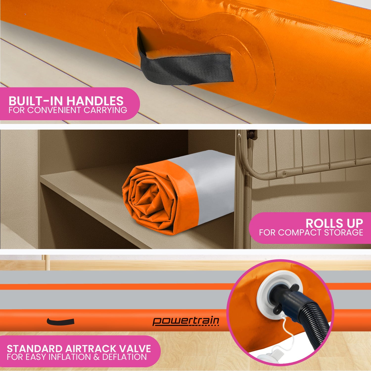 Orange Powertrain Airtrack inflatable gymnastics tumbling mat, 3m x 1m, 20cm thick, used for gymnastics and fitness training.