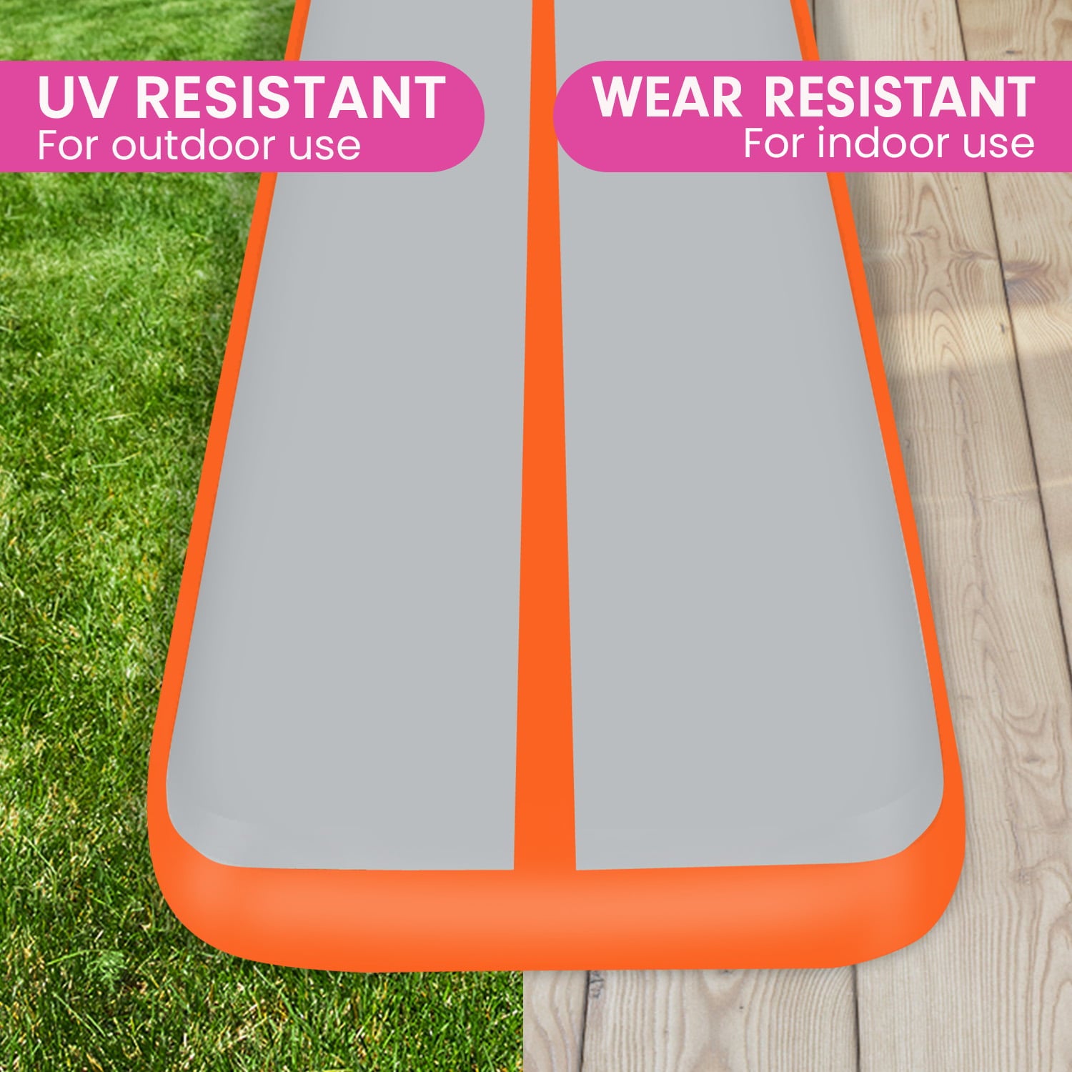 Orange Powertrain Airtrack inflatable gymnastics tumbling mat, 3m x 1m x 20cm thick, for gymnastics and fitness training.