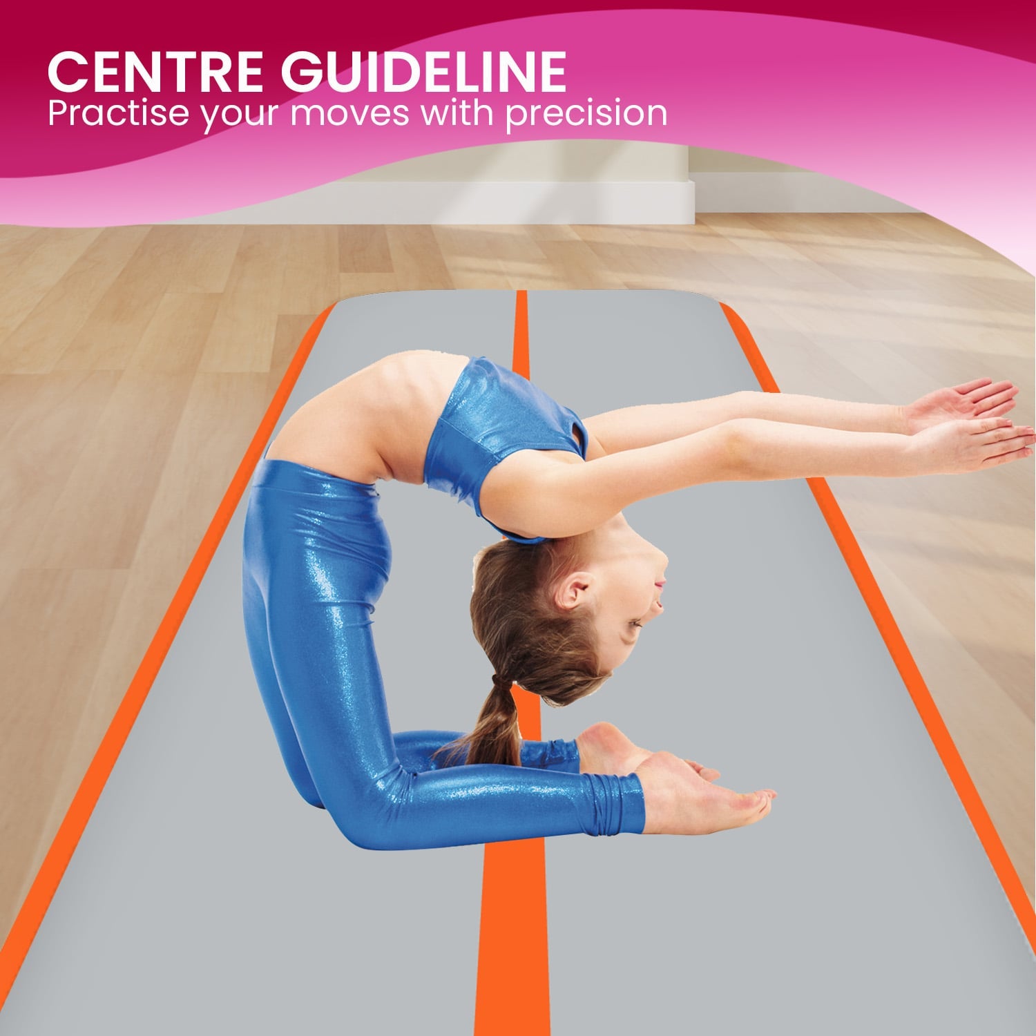 Orange Powertrain Airtrack inflatable gymnastics tumbling mat, 3m x 1m, 20cm thick, suitable for exercise and gymnastics training.