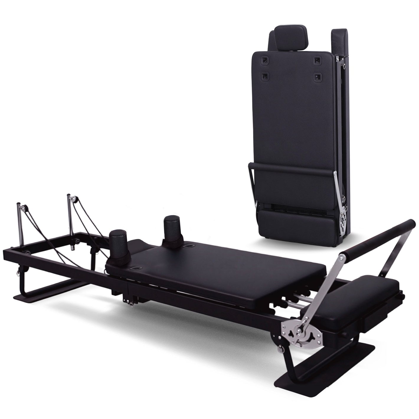 Powertrain Aria Steel Foldable Pilates Board Reformer with platform extender, jumpboard, footbar, and sitting box for full-body fitness.