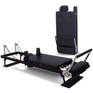 Powertrain Aria Steel Foldable Pilates Board Reformer with platform extender, jumpboard, footbar, and sitting box for full-body fitness.