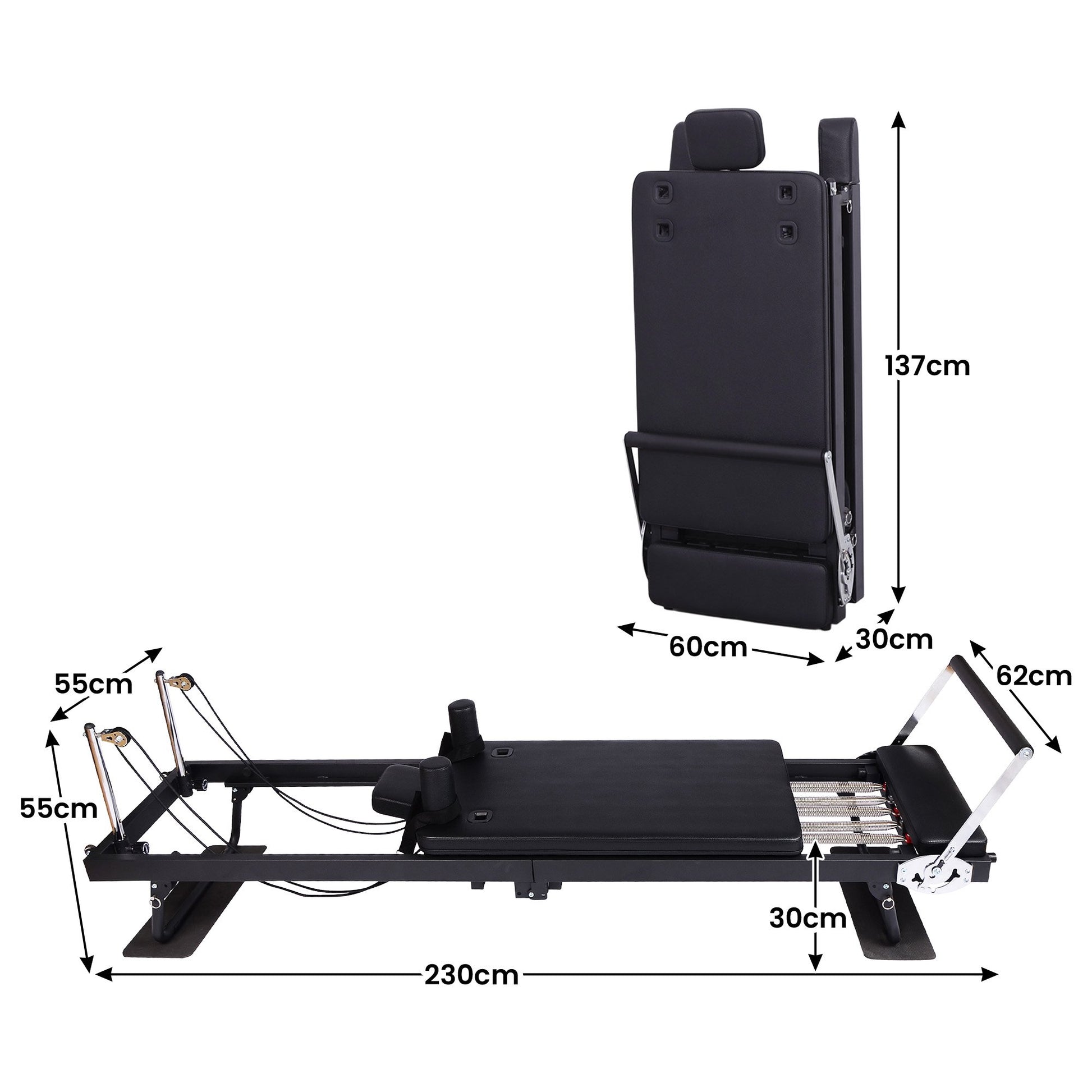 Powertrain Aria Steel Foldable Pilates Board Reformer with platform extender, jumpboard, footbar, and sitting box for full-body fitness.