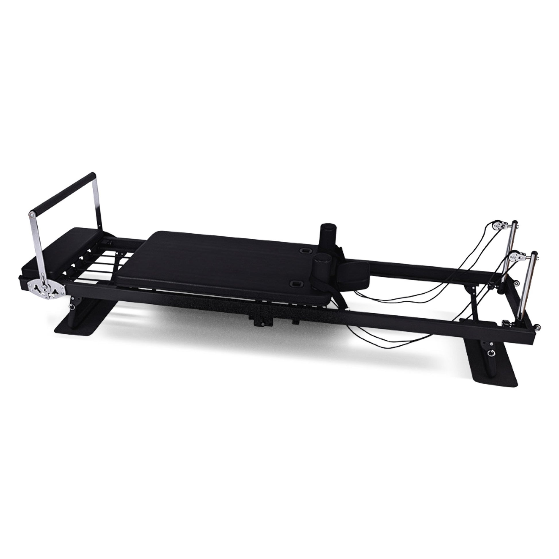 Online Fitness Depot Powertrain Aria Steel Foldable Pilates Board Reformer with jumpboard, footbar, and sitting box for full-body fitness.