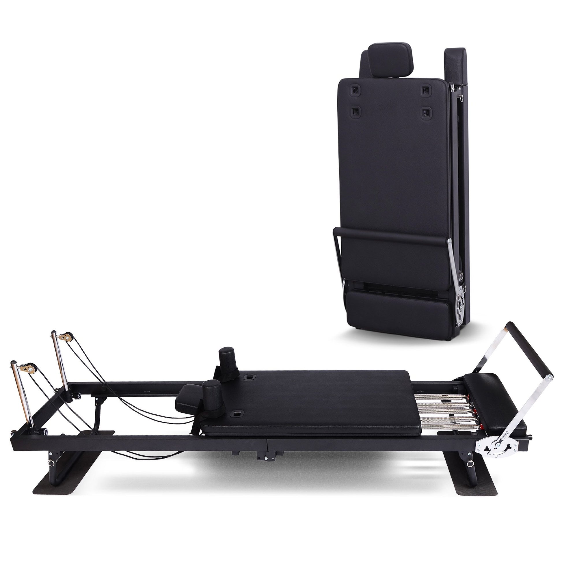 Powertrain Aria Steel Foldable Pilates Board Reformer with footbar, jumpboard, and sitting box for full-body indoor and outdoor fitness