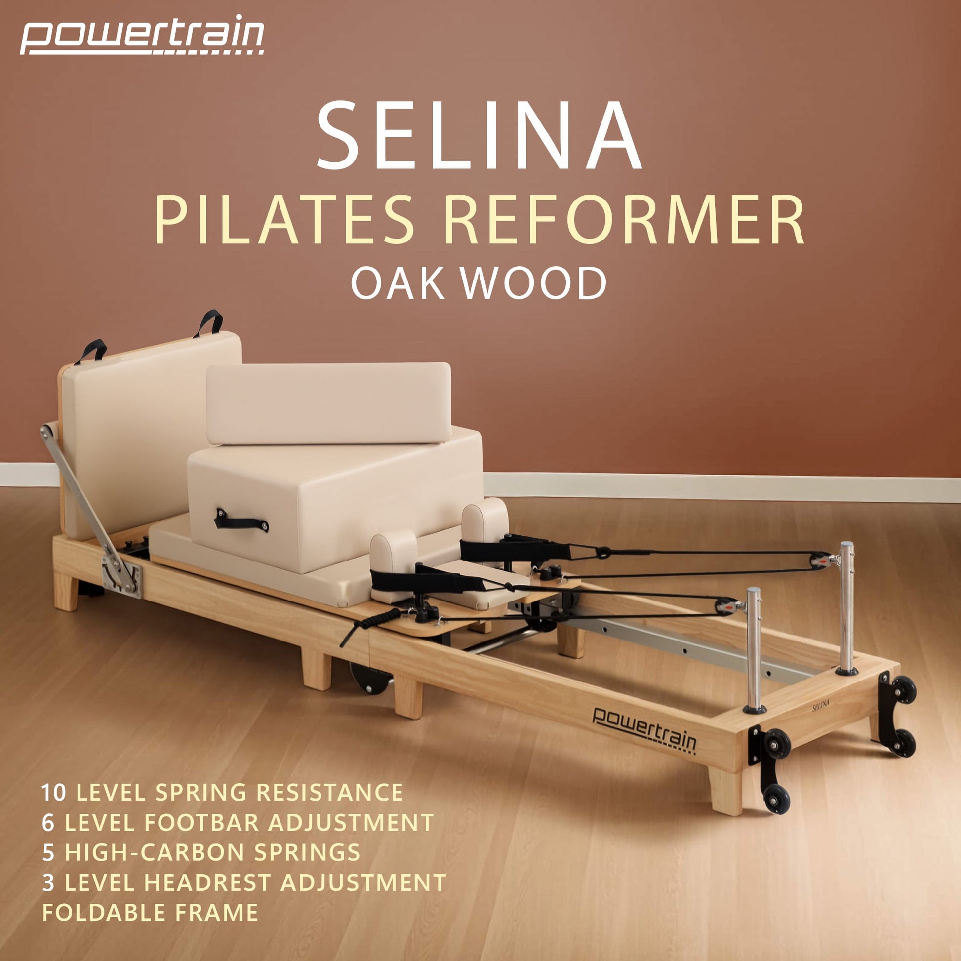 Wooden Powertrain Selina Pilates Reformer Machine with jumpboard and sitting box, beige oak finish, versatile home gym equipment.
