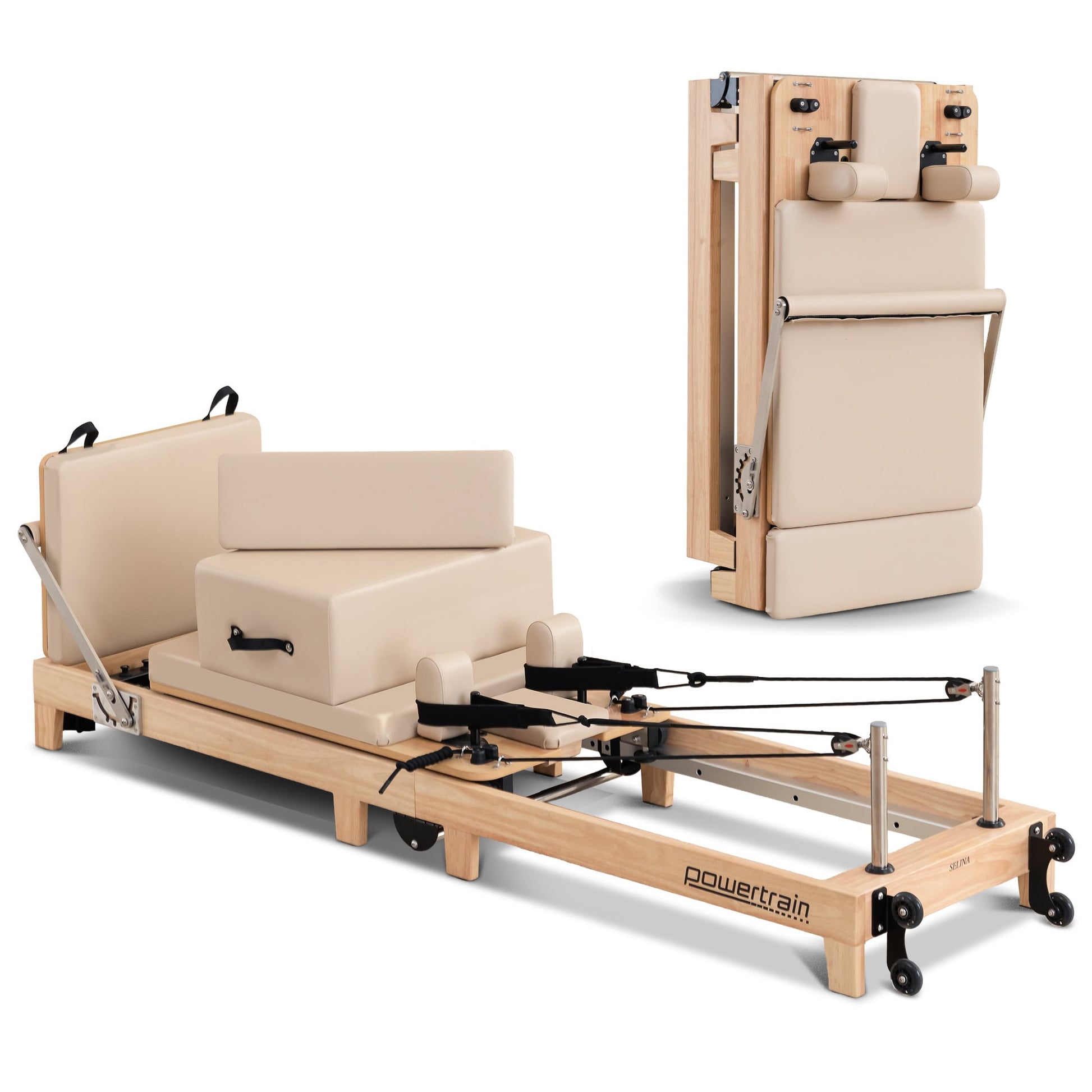 Powertrain Selina Pilates Reformer Machine with wooden frame, jumpboard, and sitting box in oak beige for home gym workouts.