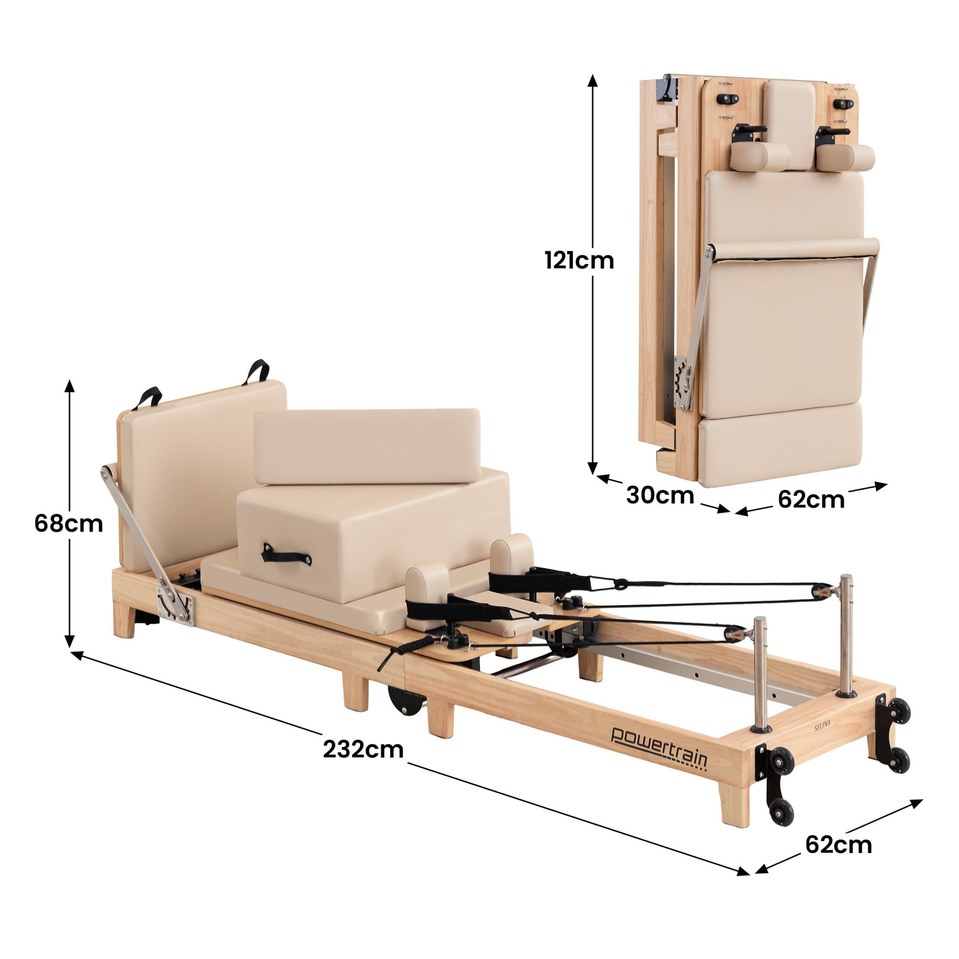 Wooden Powertrain Selina Pilates Reformer Machine with jumpboard and sitting box, in oak beige, for home gym fitness and yoga exercises.