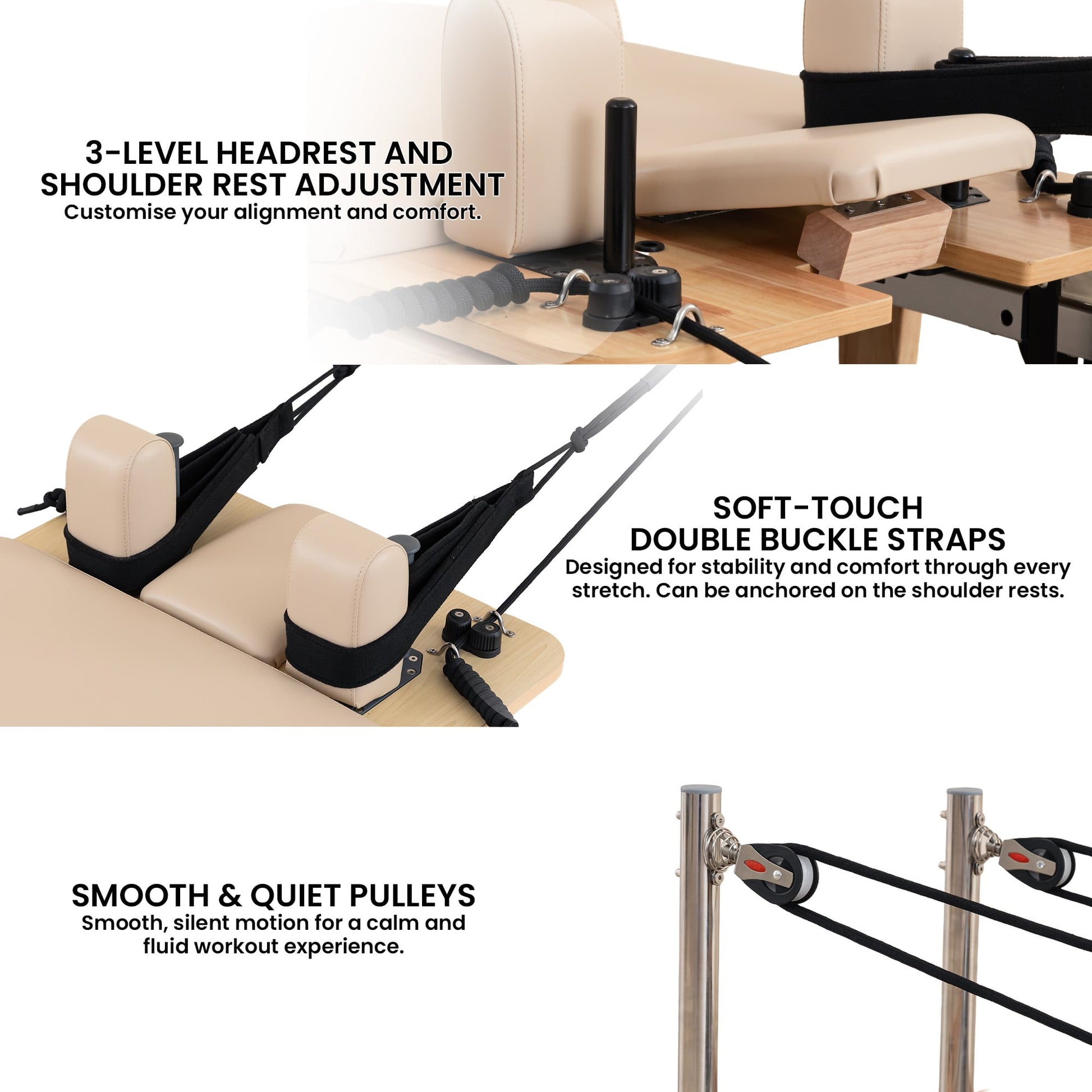 Wooden Selina Pilates Reformer machine with jumpboard and sitting box, beige oak finish, for home gym workouts by Online Fitness Depot.