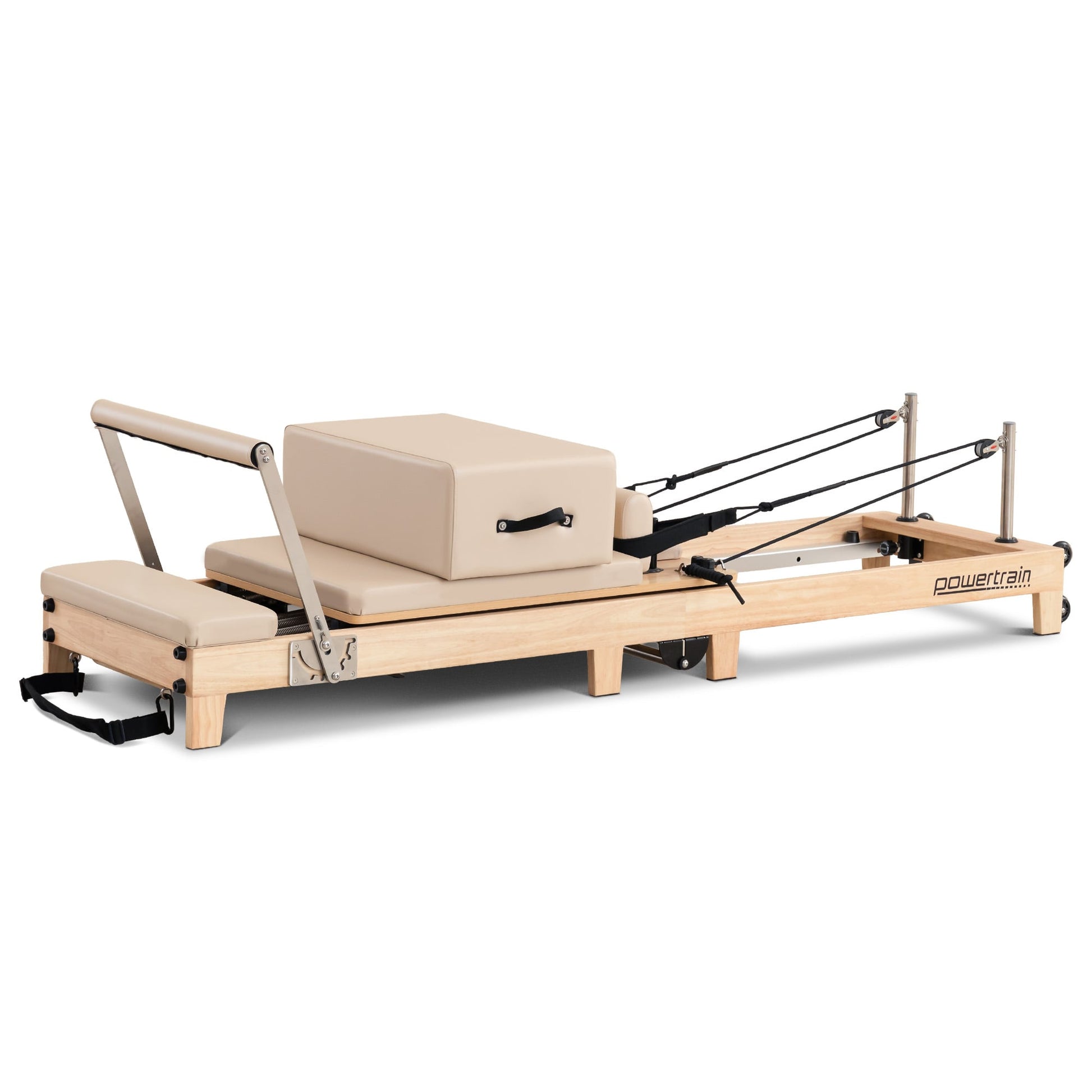 Powertrain Selina Pilates Reformer Machine with wooden frame, jumpboard, and sitting box in oak beige for home Pilates workouts.